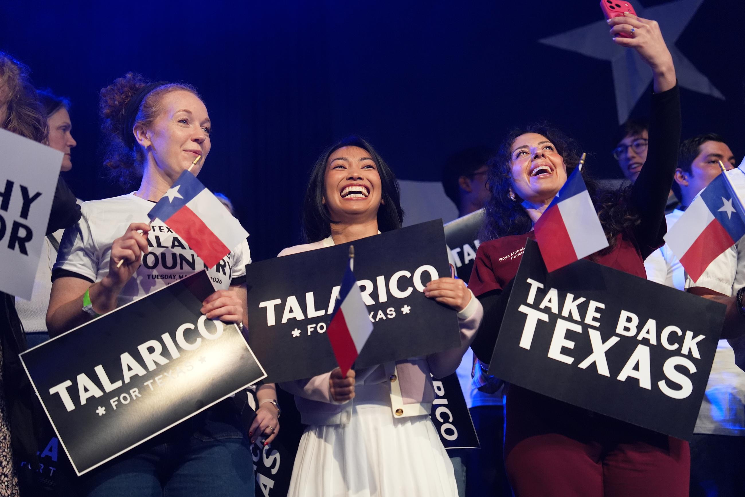 Attendees cheer before Texas state Rep. James Talarico speaks after winning the Democratic Senate nomination on March 4 in Austin. (AP Photo/Eric Gay)