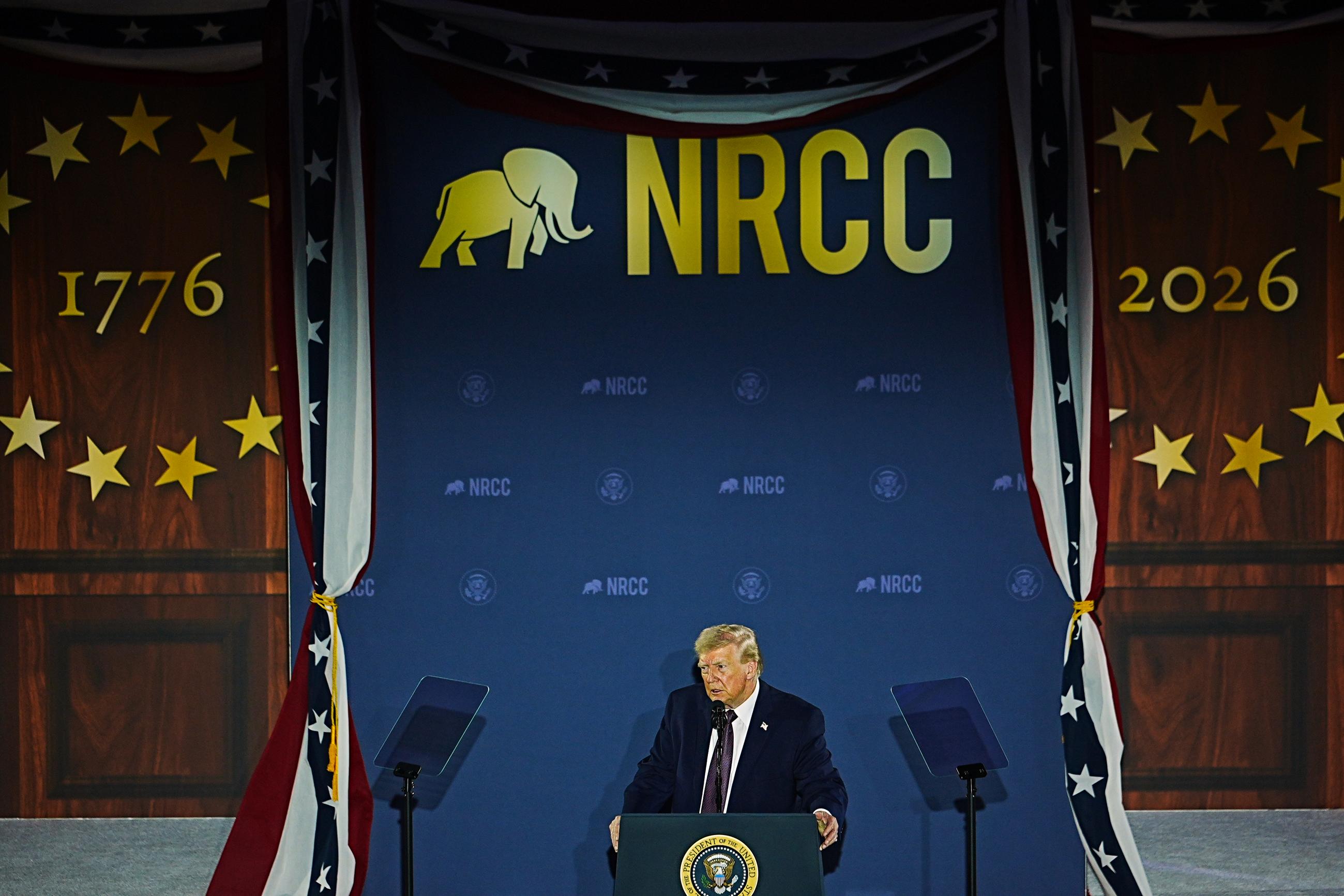 President Donald Trump speaks at the National Republican Congressional Committee's (NRCC) annual fundraising dinner, Wednesday, March 25, 2026, at Union Station in Washington. (AP Photo/Julia Demaree Nikhinson)
