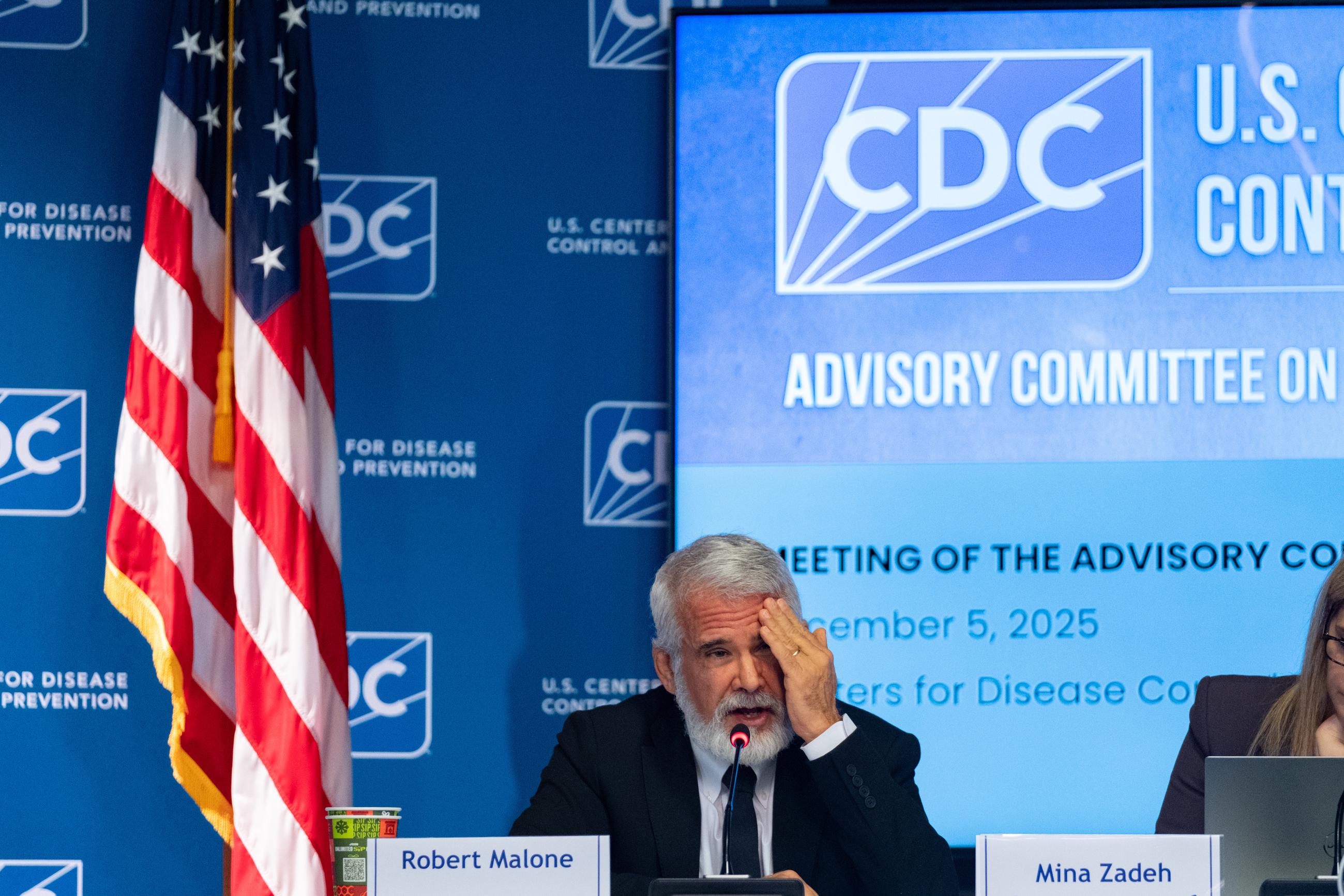 Robert Malone chairiing a meeting of the Centers for Disease Control and Prevention Advisory Committee on Immunization Practices in Atlanta on Dec. 5, 2025 (AP Photo/Ben Gray)