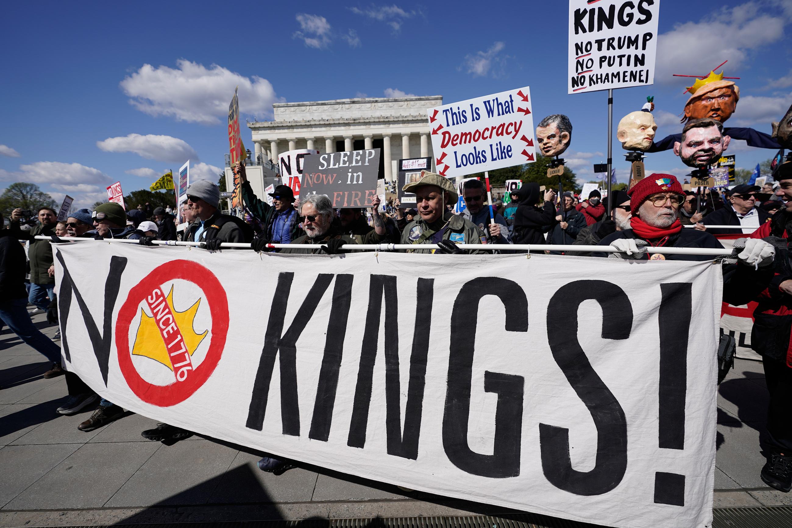 Demonstrators rally in front of the Lincoln Memorial during the No Kings protest on Saturday. (AP Photo/Jose Luis Magana)