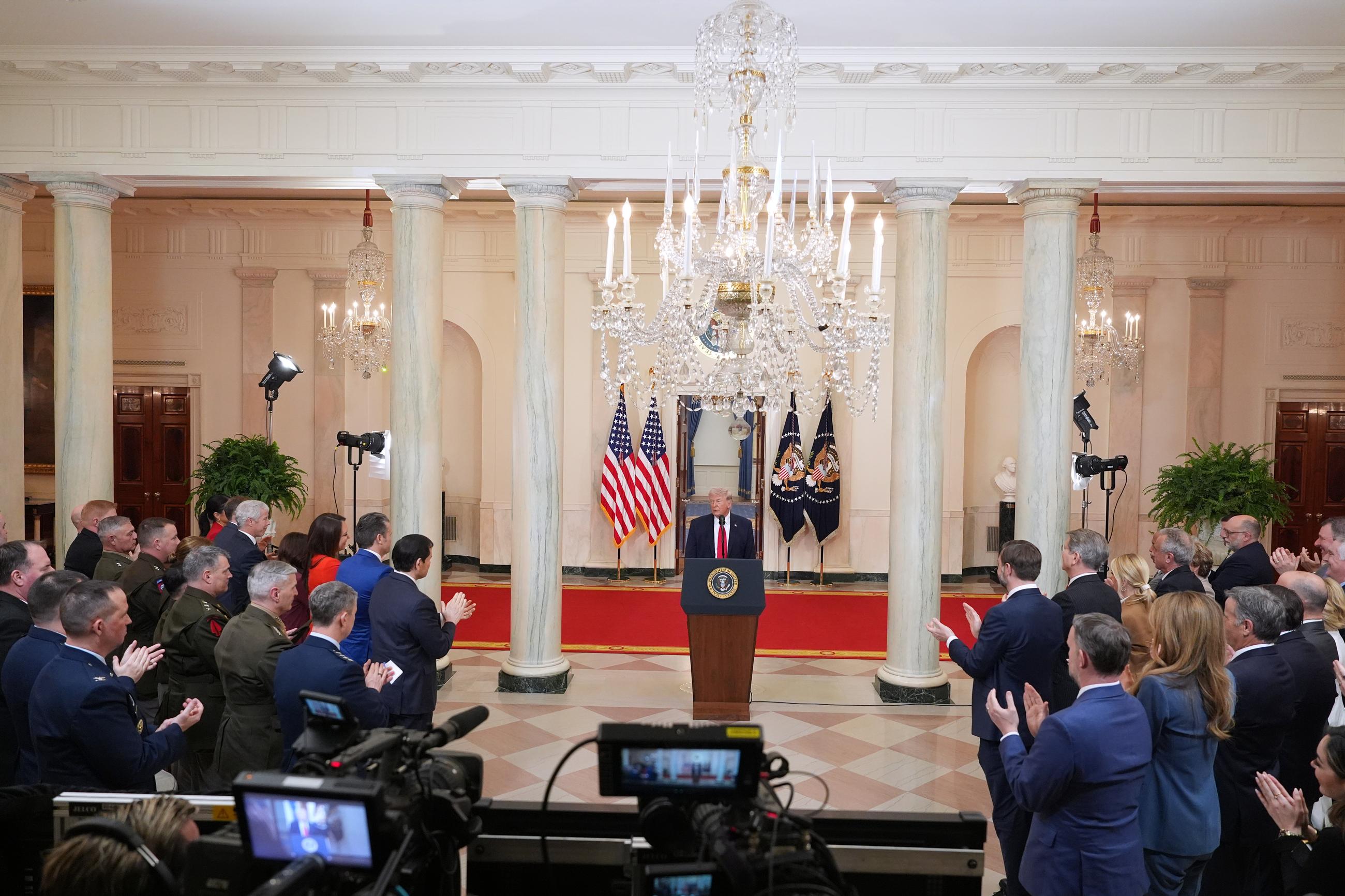 President Trump concludes his speech about the Iran war from the Cross Hall of the White House on Wednesday. (AP Photo/Alex Brandon, Pool)