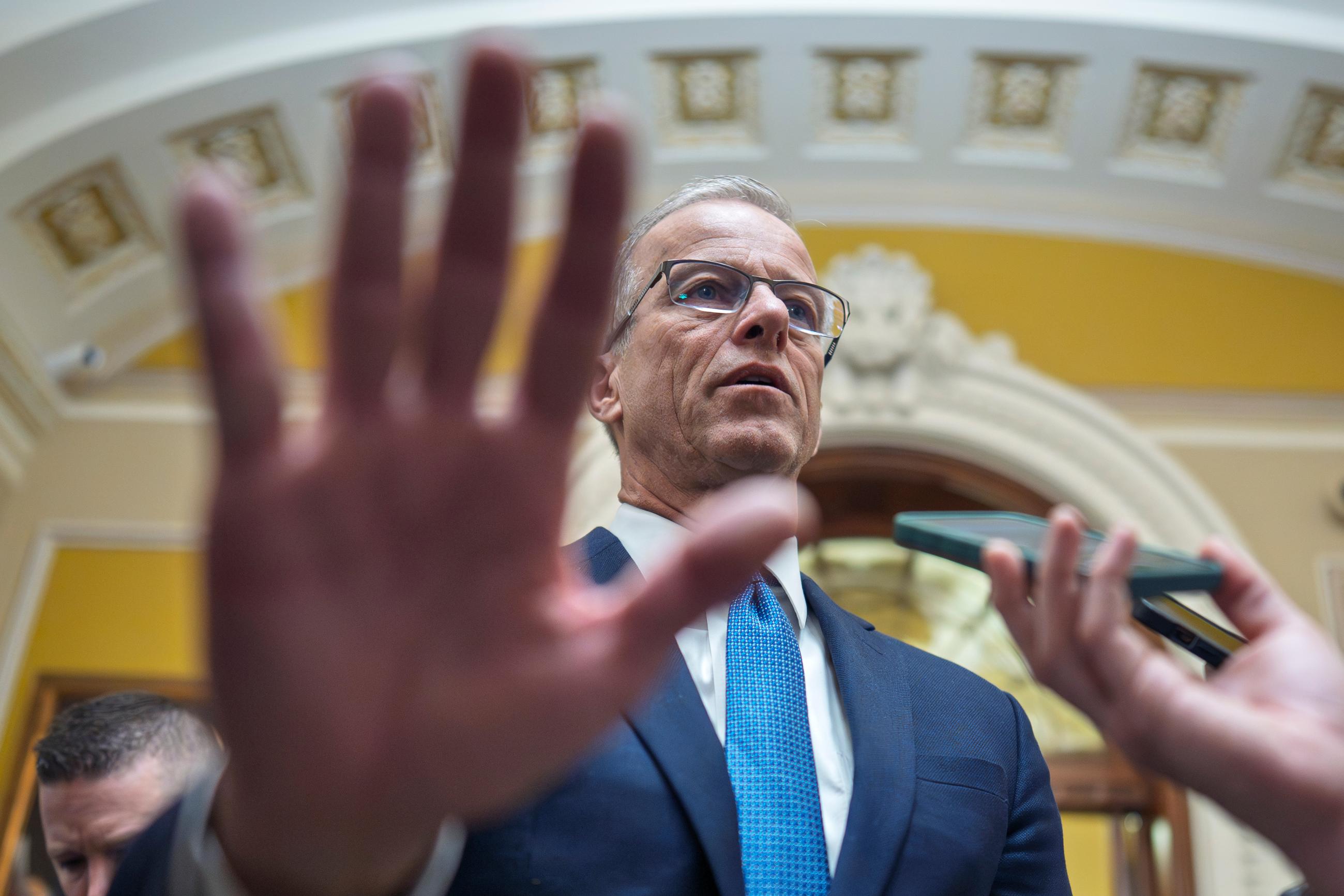 Senate Majority Leader John Thune, R-S.D., speaks to reporters outside the chamber at the Capitol in Washington, Thursday, April 2, 2026. (AP Photo/J. Scott Applewhite)