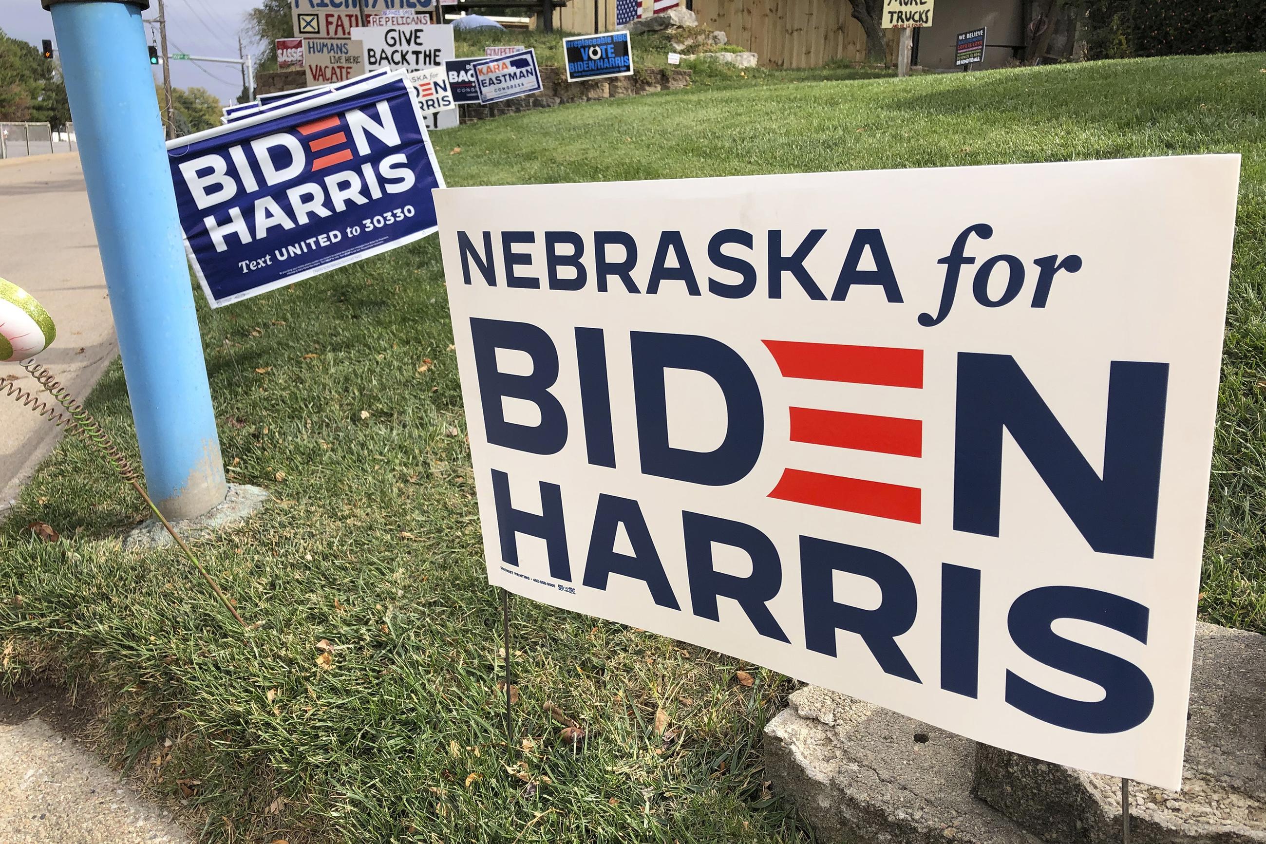 Joe Biden campaign signs in Omaha, Neb., in October 2020 (AP Photo/Grant Schulte)