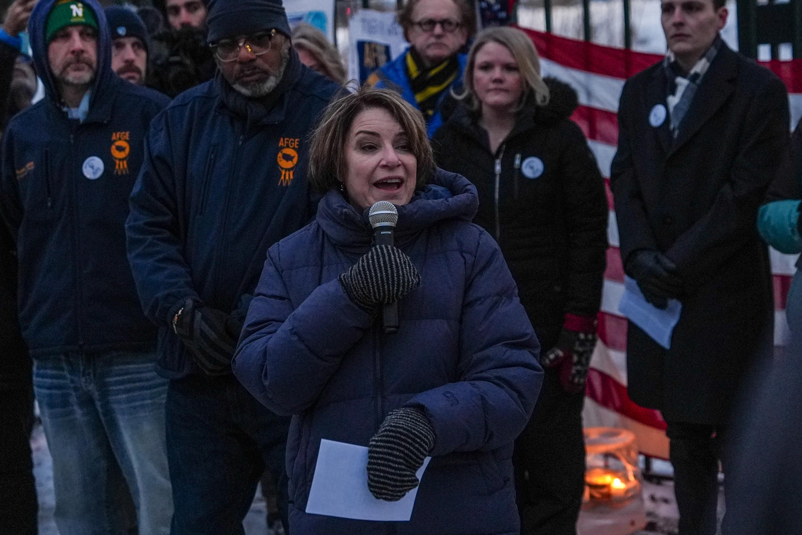 Sen. Amy Klobuchar speaks at a vigil for Alex Pretti, who was fatally shot by a federal agent, at the Minneapolis VA Hospital, where Pretti worked, on Feb. 1. (AP Photo/Ryan Murphy)