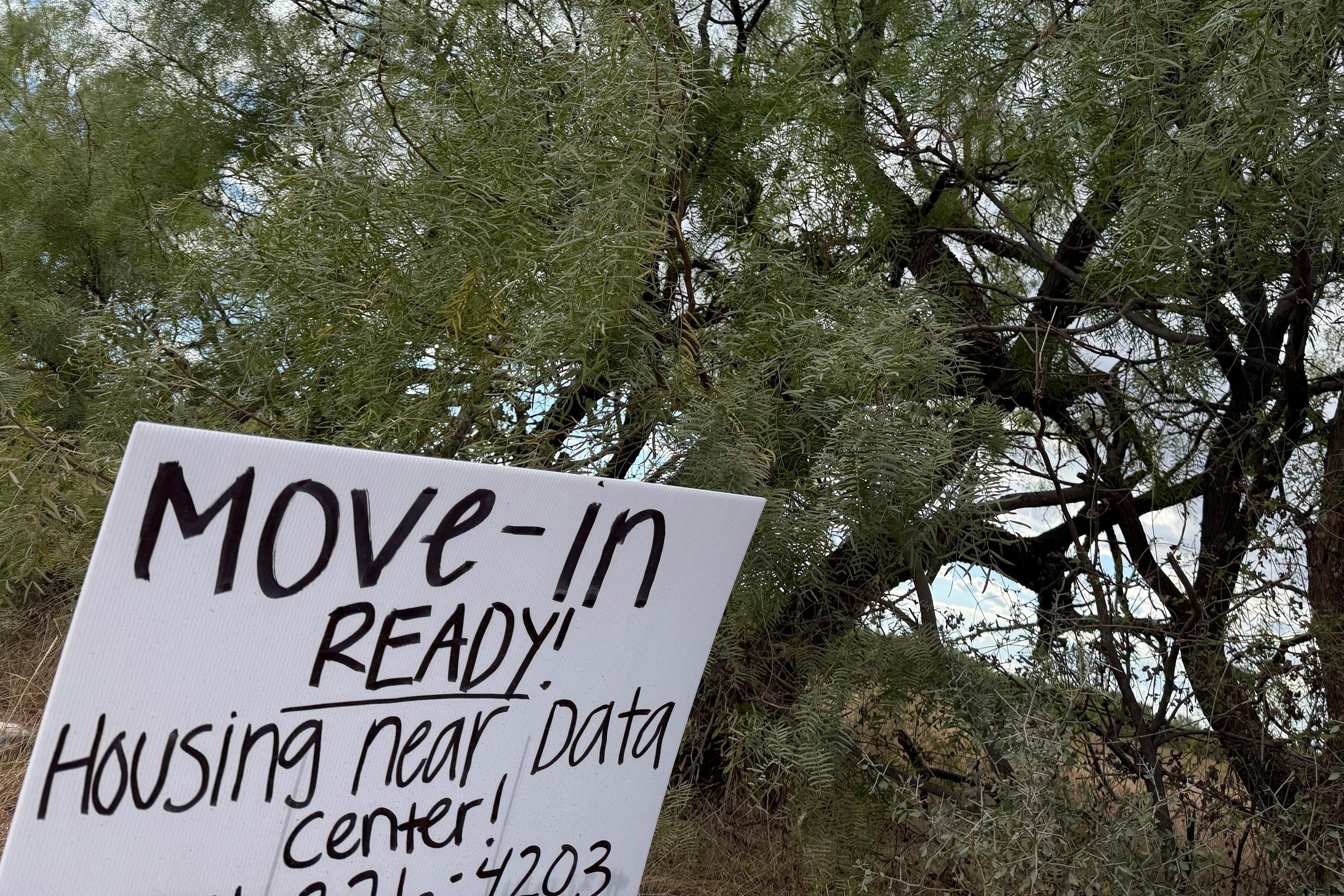 A sign advertises housing for workers along the road to a Stargate artificial-intelligence data-center complex in 2025. (AP Photo/Matt O'Brien)