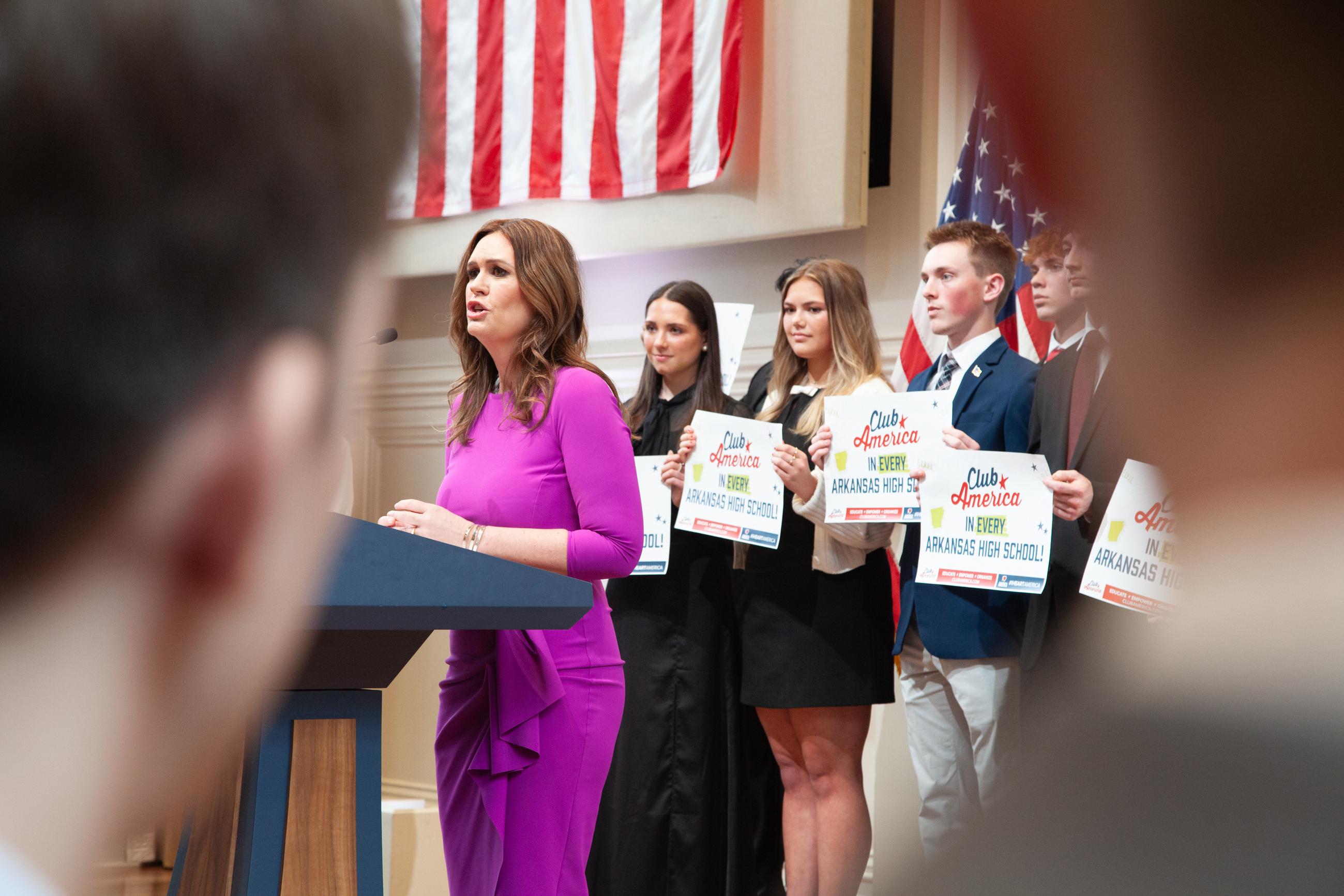 Gov. Sarah Huckabee Sanders speaks to visitors at the Governor's Mansion in Little Rock, Ark., Wednesday, March 11, 2026. (AP Photo/Katie Adkins)
