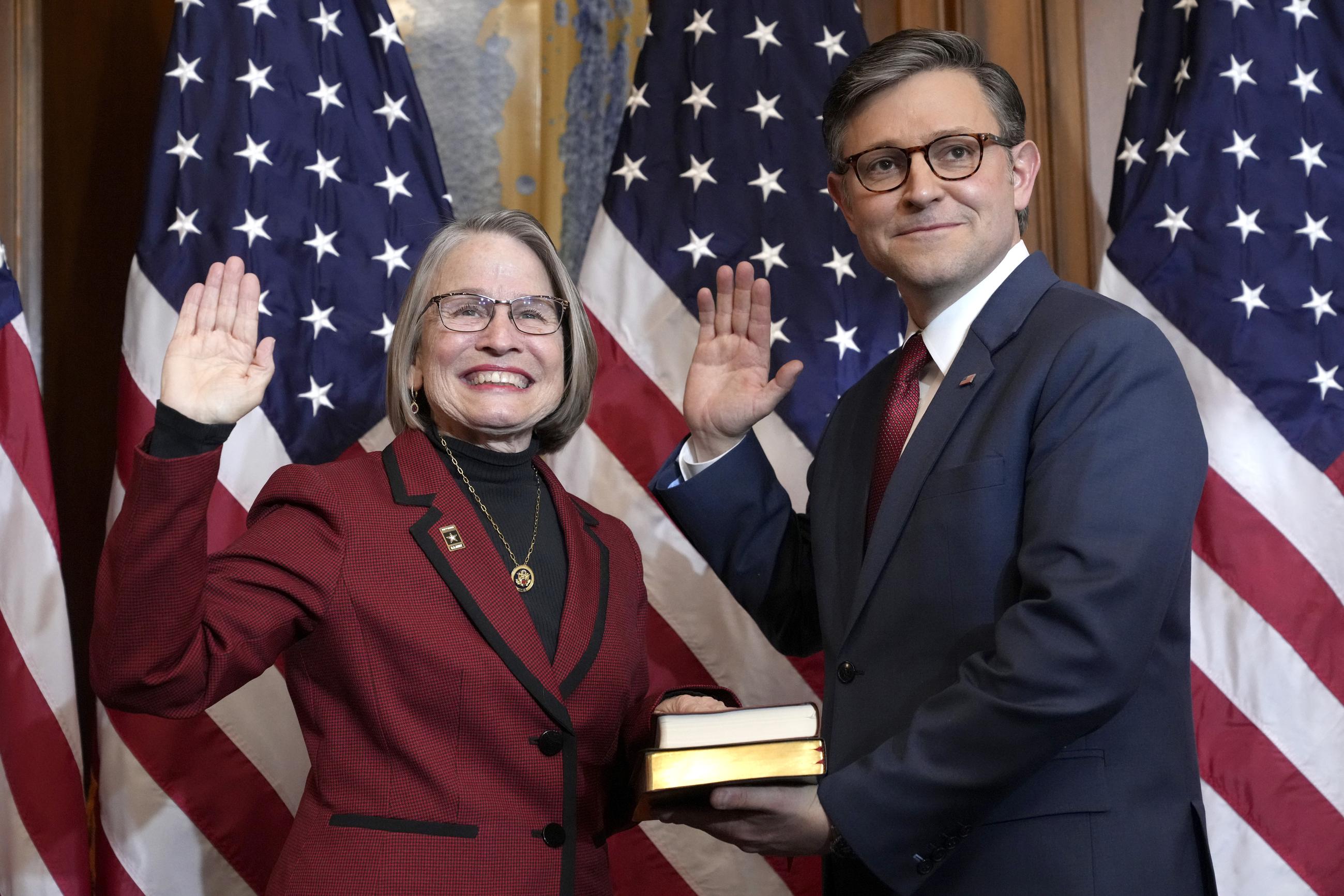 House Speaker Mike Johnson at a ceremonial swearing-in with Rep. Mariannette Miller-Meeks of Iowa in January 2025 (AP Photo/Jacquelyn Martin)