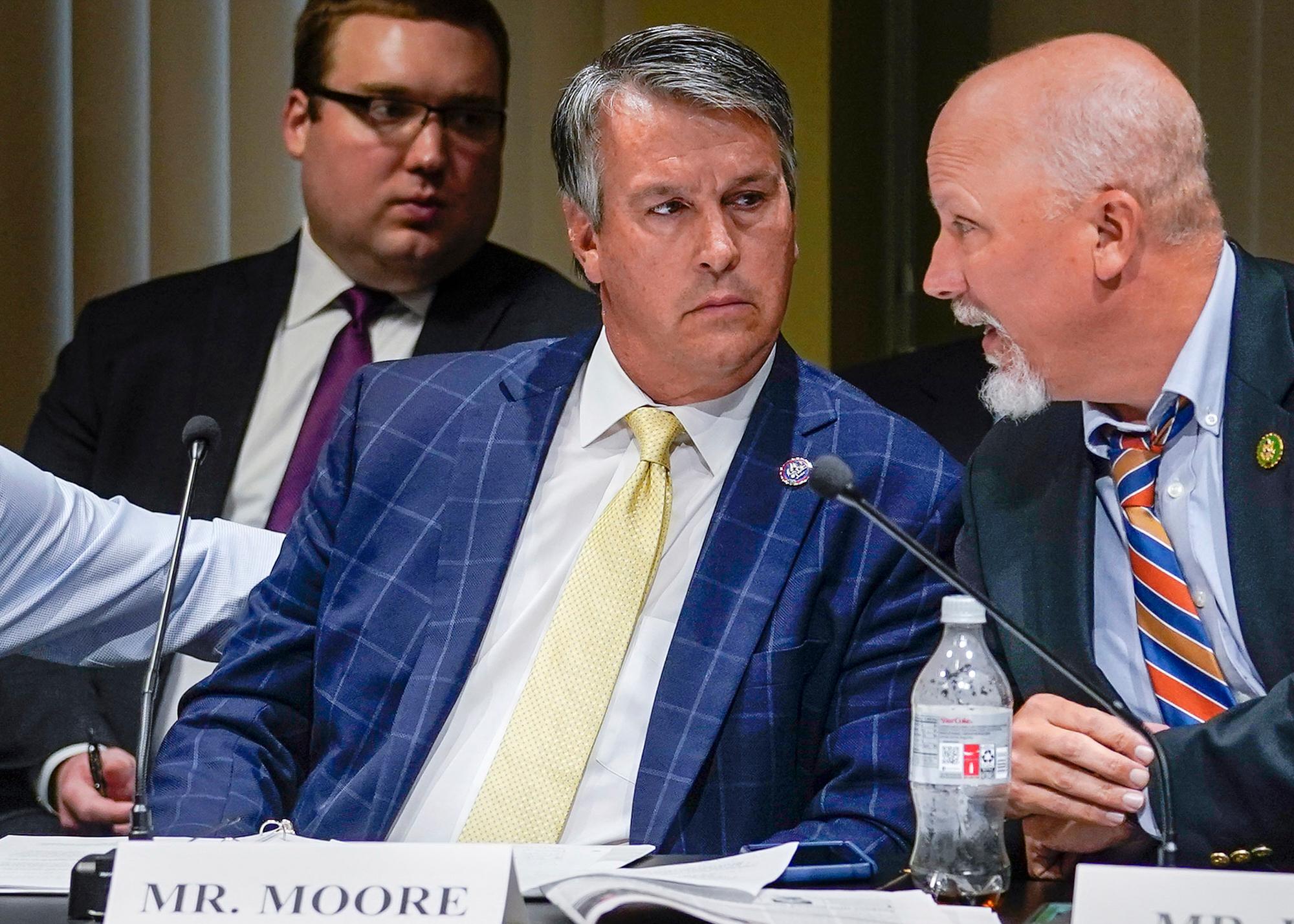 Rep. Barry Moore (center), with Rep. Chip Roy at a hearing in 2023 (AP Photo/John Minchillo, file)