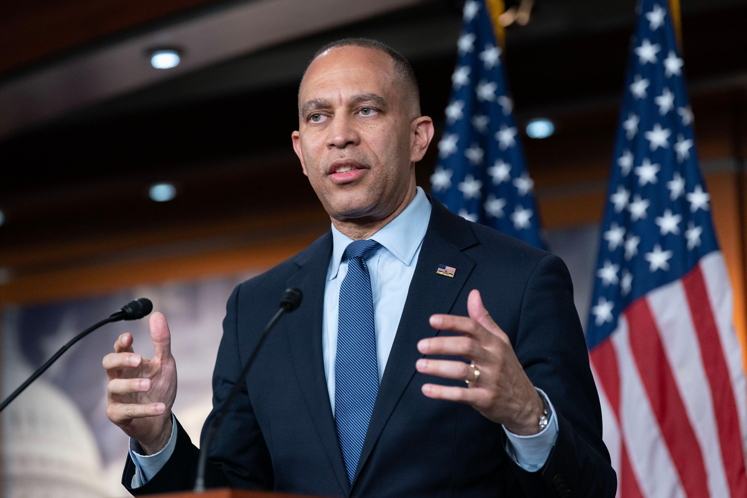 House Minority Leader Hakeem Jeffries, D-N.Y., speaks during a news conference on Capitol Hill in Washington, Thursday, April 16, 2026. (AP Photo/Jose Luis Magana)