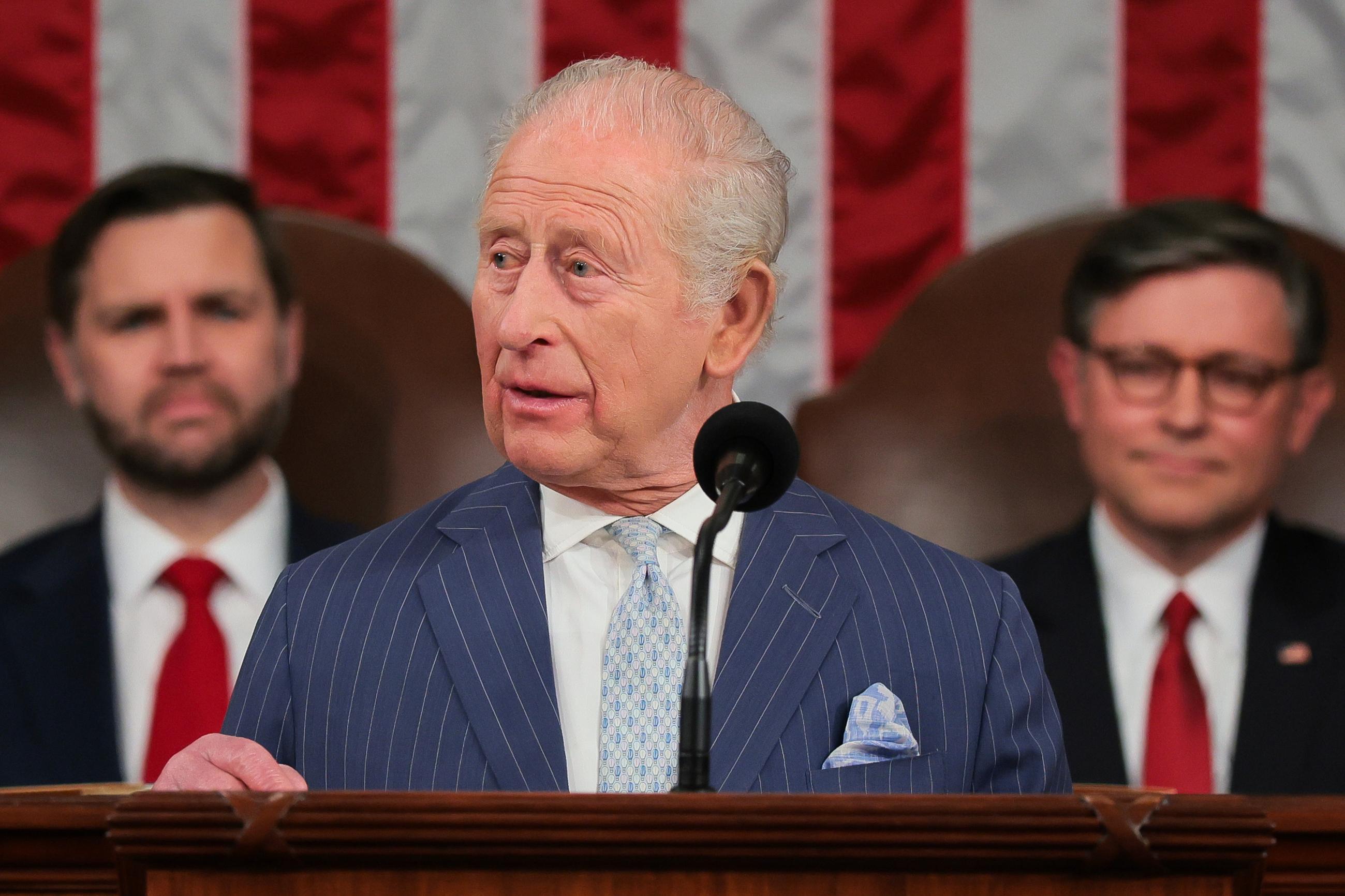 Britain's King Charles III addresses a joint meeting of Congress on Tuesday, while Vice President J.D. Vance and House Speaker Mike Johnson listen. (Kylie Cooper/Pool via AP)