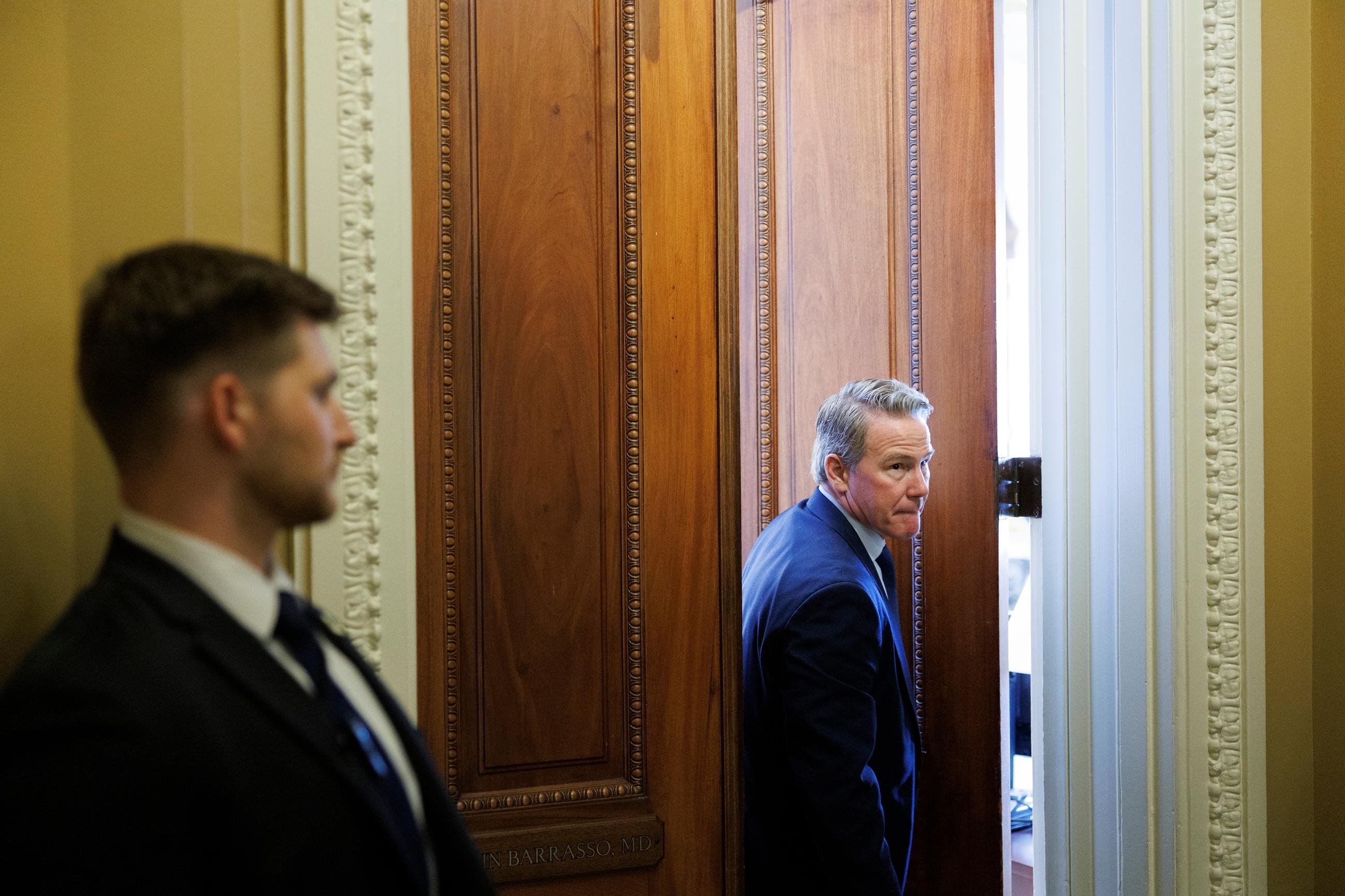 Sen. Jon Husted of Ohio exits the office of Majority Whip John Barrasso following a meeting on Capitol Hill in March. (AP Photo/Tom Brenner)