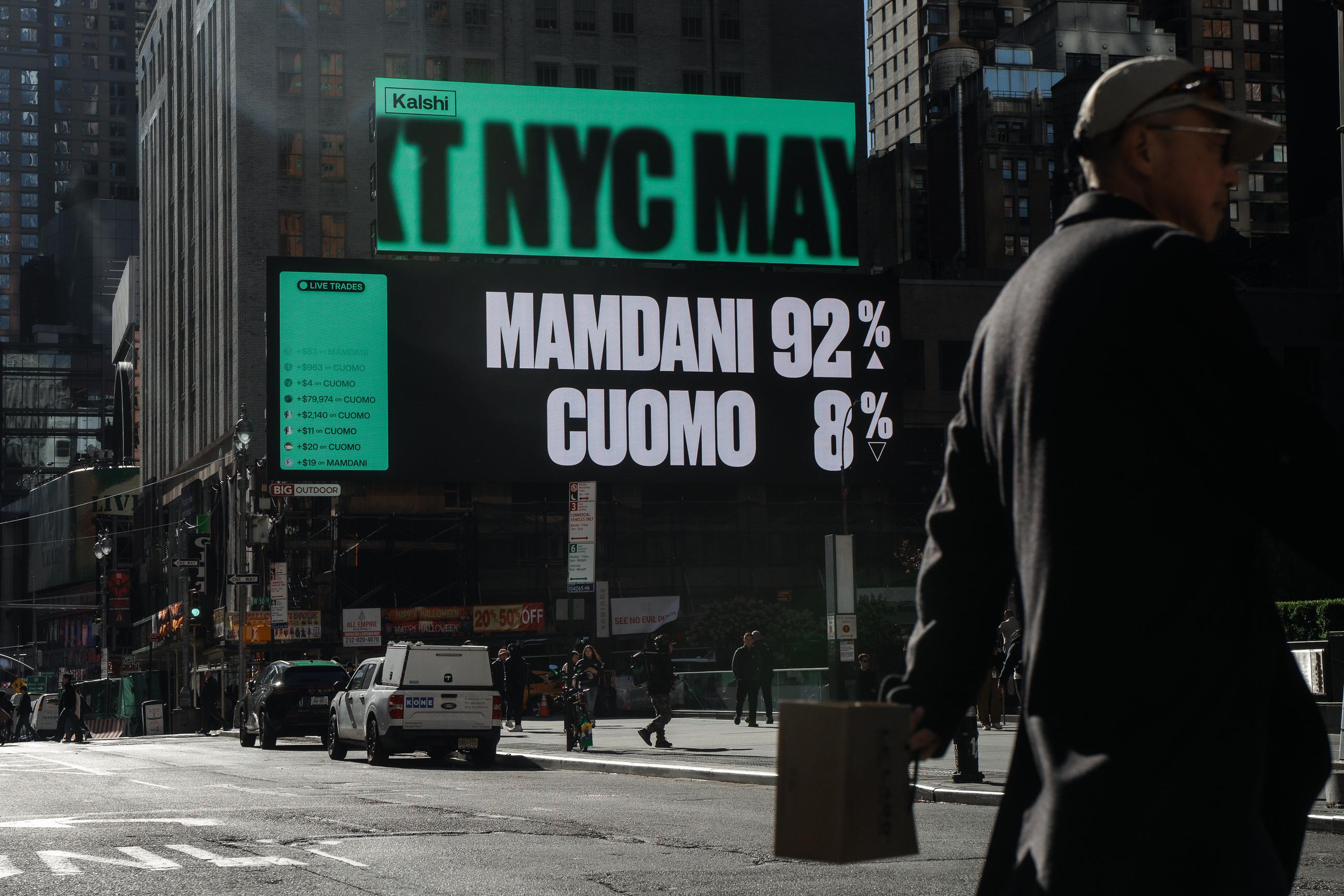 Advertisements in New York City by the company Kalshi predict a victory for Zohran Mamdani in the mayoral election before the polls closed on Nov. 4, 2025. (AP Photo/Olga Fedorova)