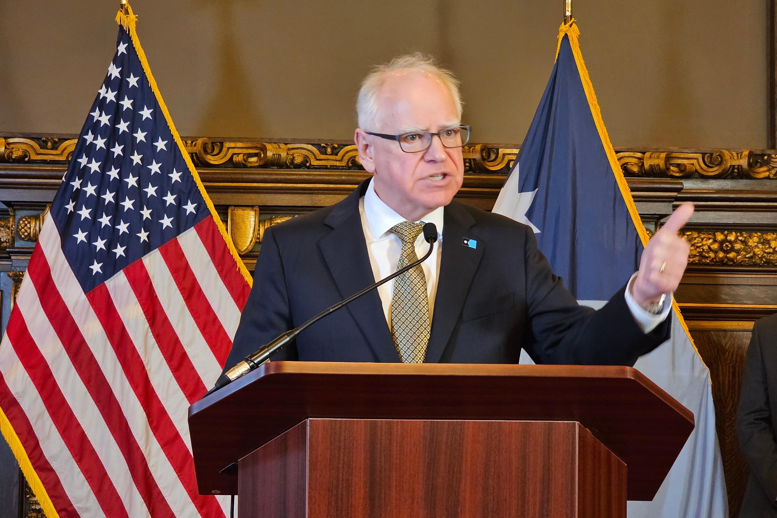 Democratic Minnesota Gov. Tim Walz gives a news conference at the state capitol in St. Paul, Minn., Thursday, Feb. 26, 2026. (AP Photo/Steve Karnowski)