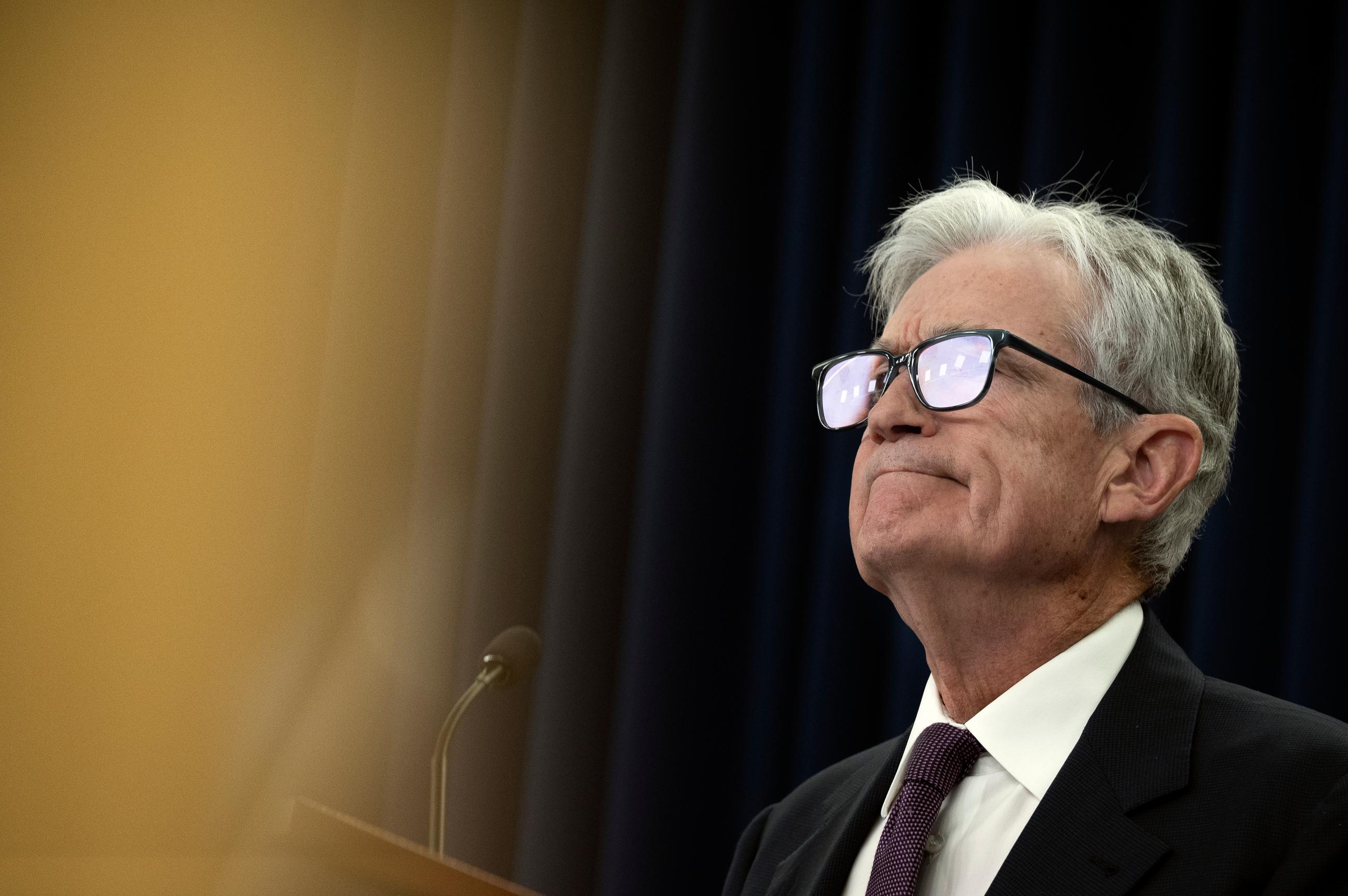 Federal Reserve Chairman Jerome Powell speaks at a news conference at the Fed following the Federal Open Market Committee meeting on April 29. (AP Photo/Cliff Owen)