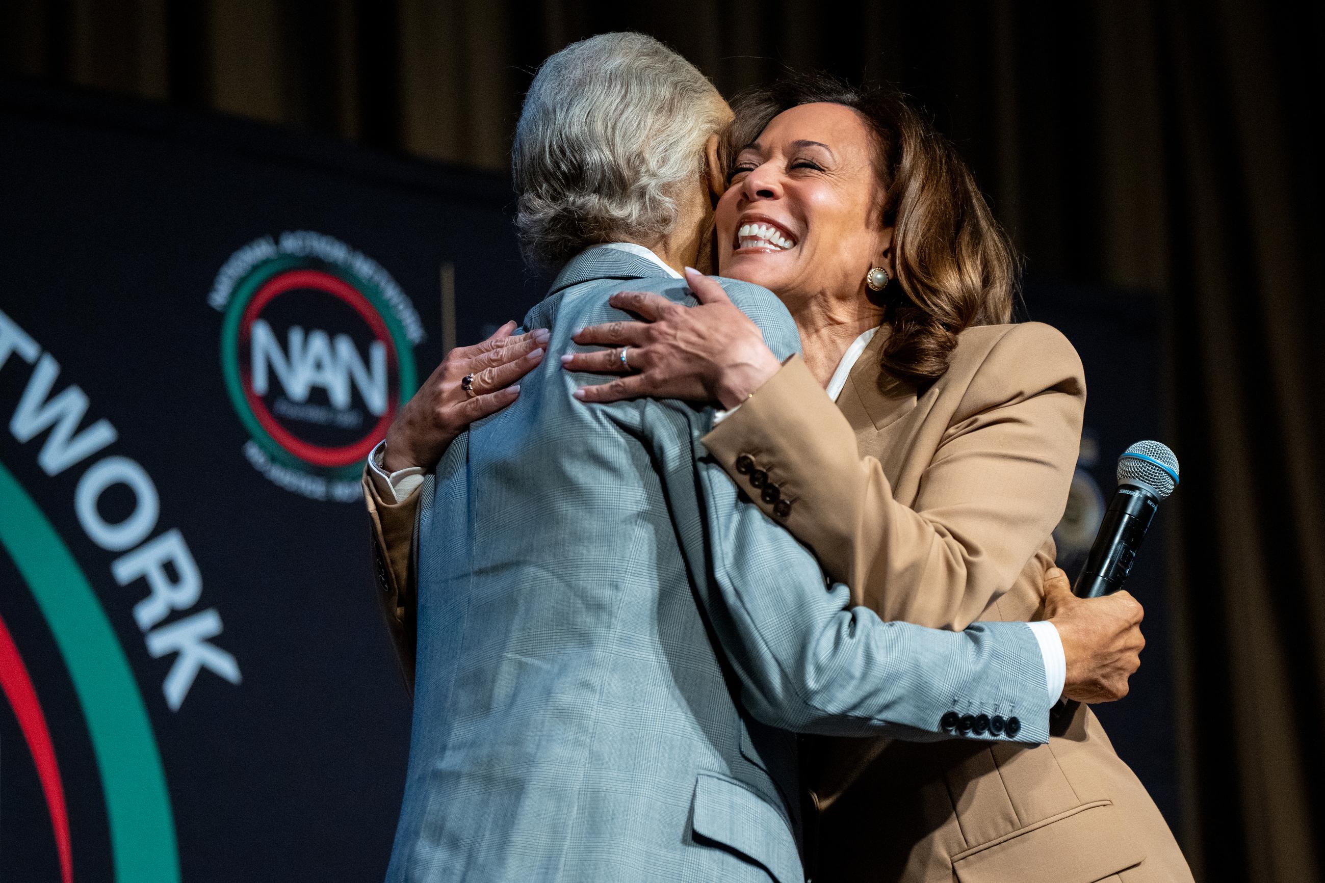Kamala Harris, former Vice President and 2024 Presidential candidate, greets Rev. Al Sharpton before their conversation during the National Action Network (NAN) Convention in New York, Friday, April 10, 2026. (AP Photo/Angelina Katsanis)