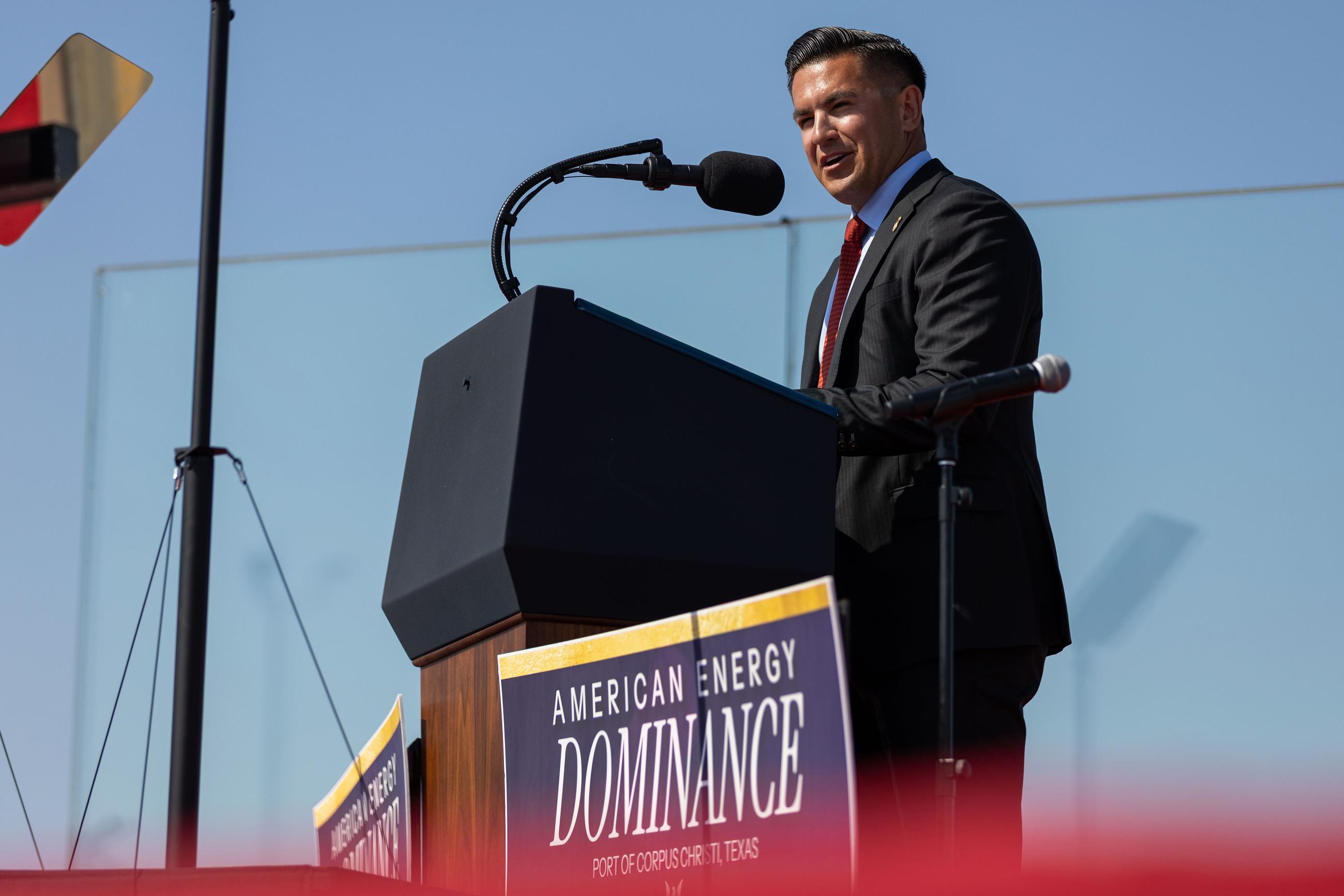 Eric Flores speaks ahead of President Trump at the Port of Corpus Christi on Feb. 27. (AP Photo/Michael Gonzalez)