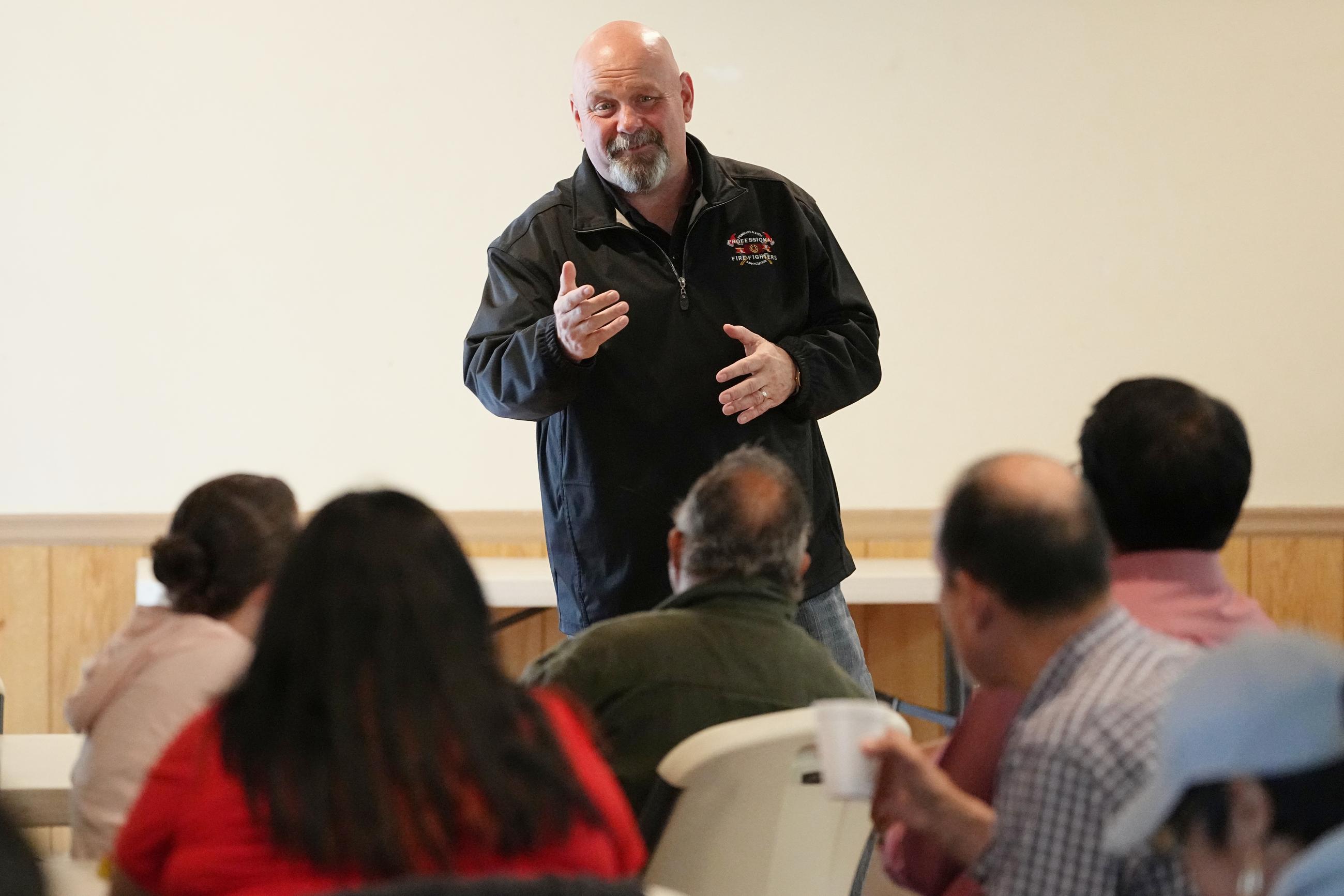 Bob Brooks, a candidate for the Democratic nomination in Pennsylvania's 7th Congressional District, speaks an event in Bethlehem, Pa., on Monday. (AP Photo/Matt Rourke)