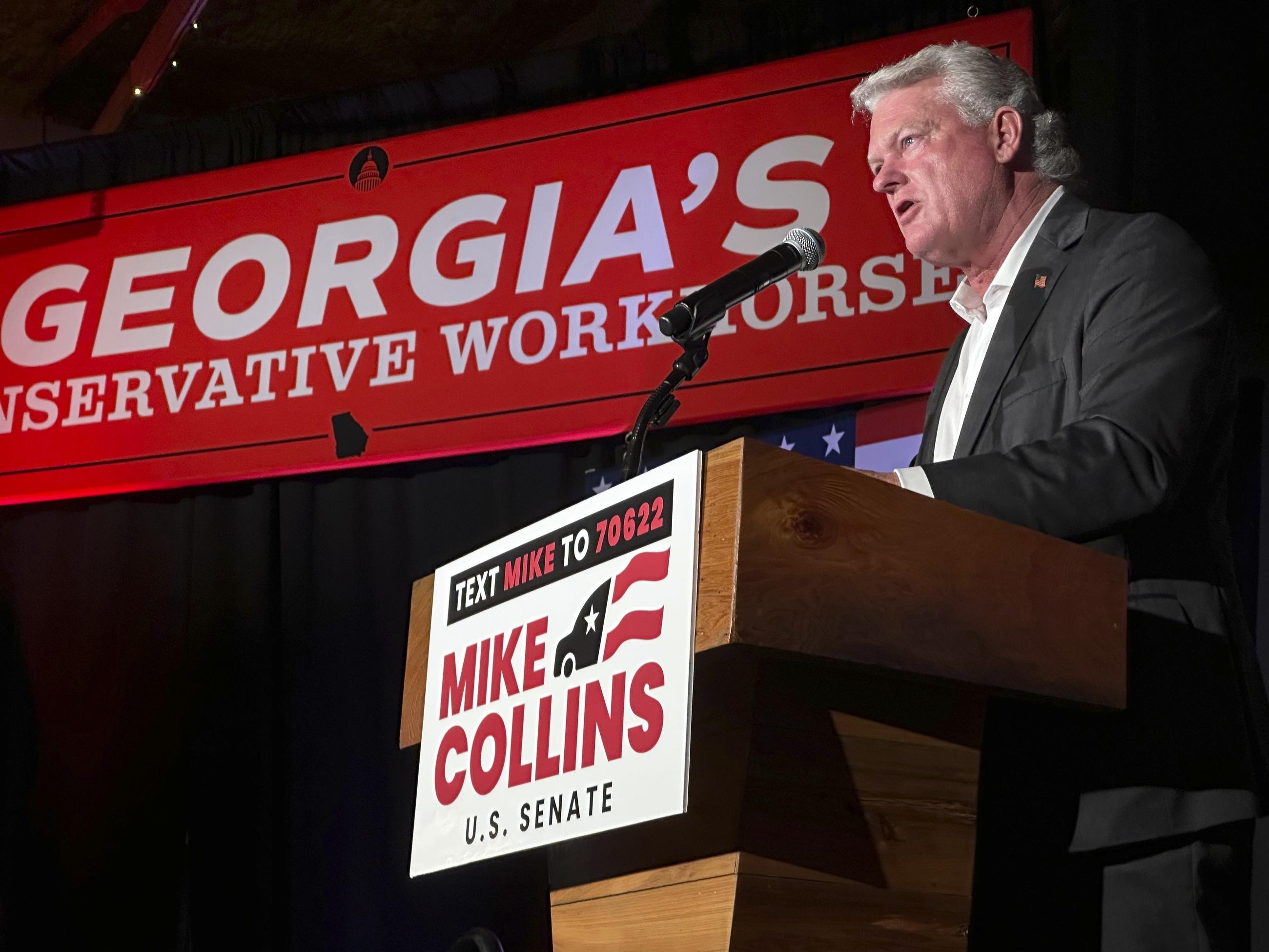 Rep. Mike Collins speaks at a Senate campaign event in Jackson, Ga., in August 2025. (AP Photo/Jeff Amy)