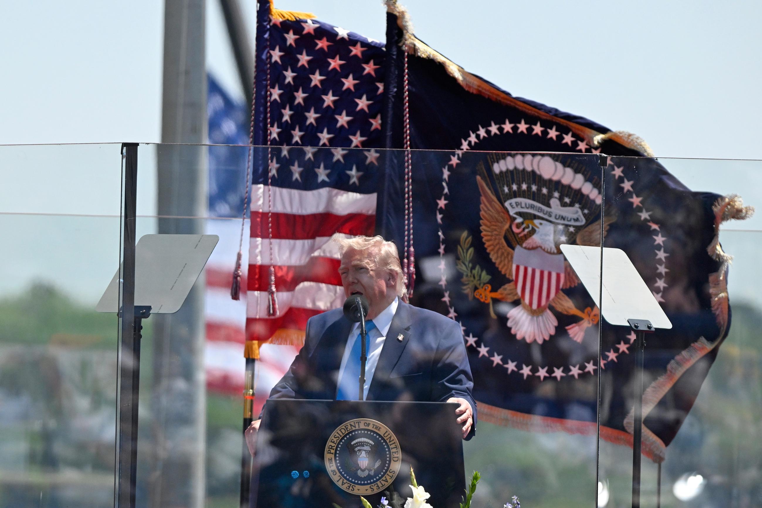 President Trump giving the commencement address at the U.S. Coast Guard Academy in New London, Connecticut, on May 20 (AP Photo/Jessica Hill)