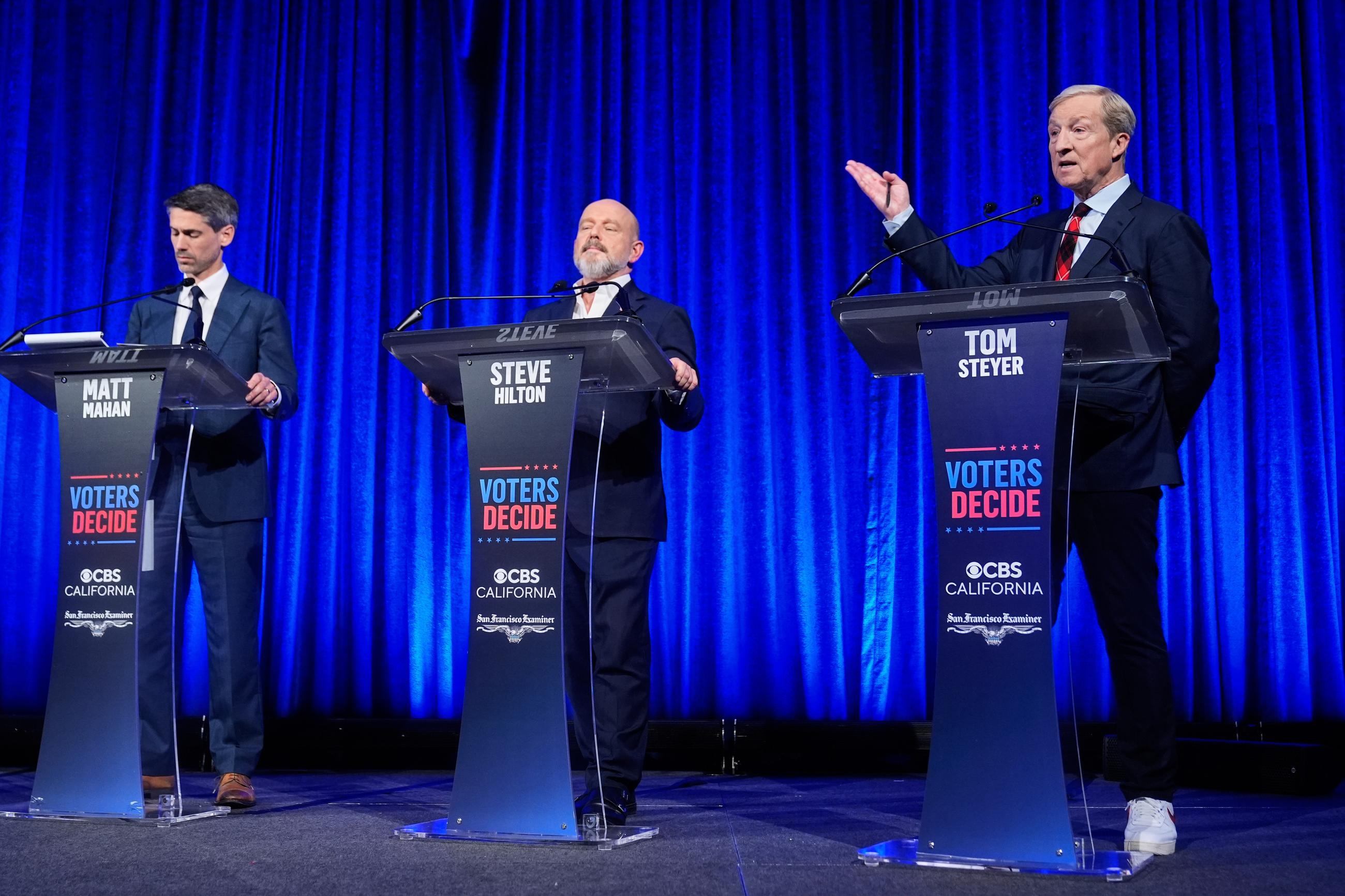 California gubernatorial candidates Matt Mahan, Steve Hilton, and Tom Steyer at a debate in San Francisco on May 14 (AP Photo/Godofredo A. Vásquez, Pool)