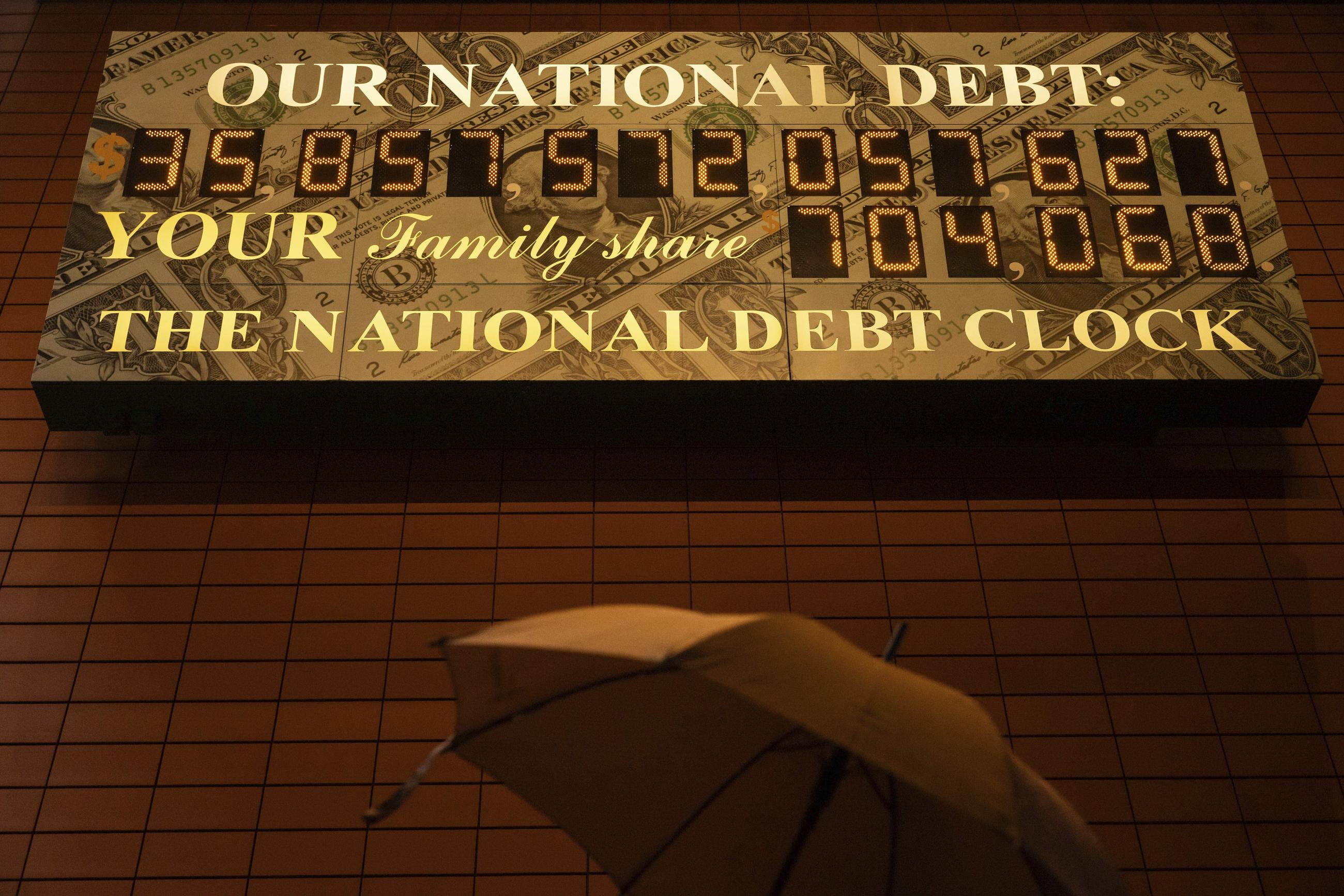 The National Debt Clock in New York as seen in April 2025 (AP Photo/Yuki Iwamura)