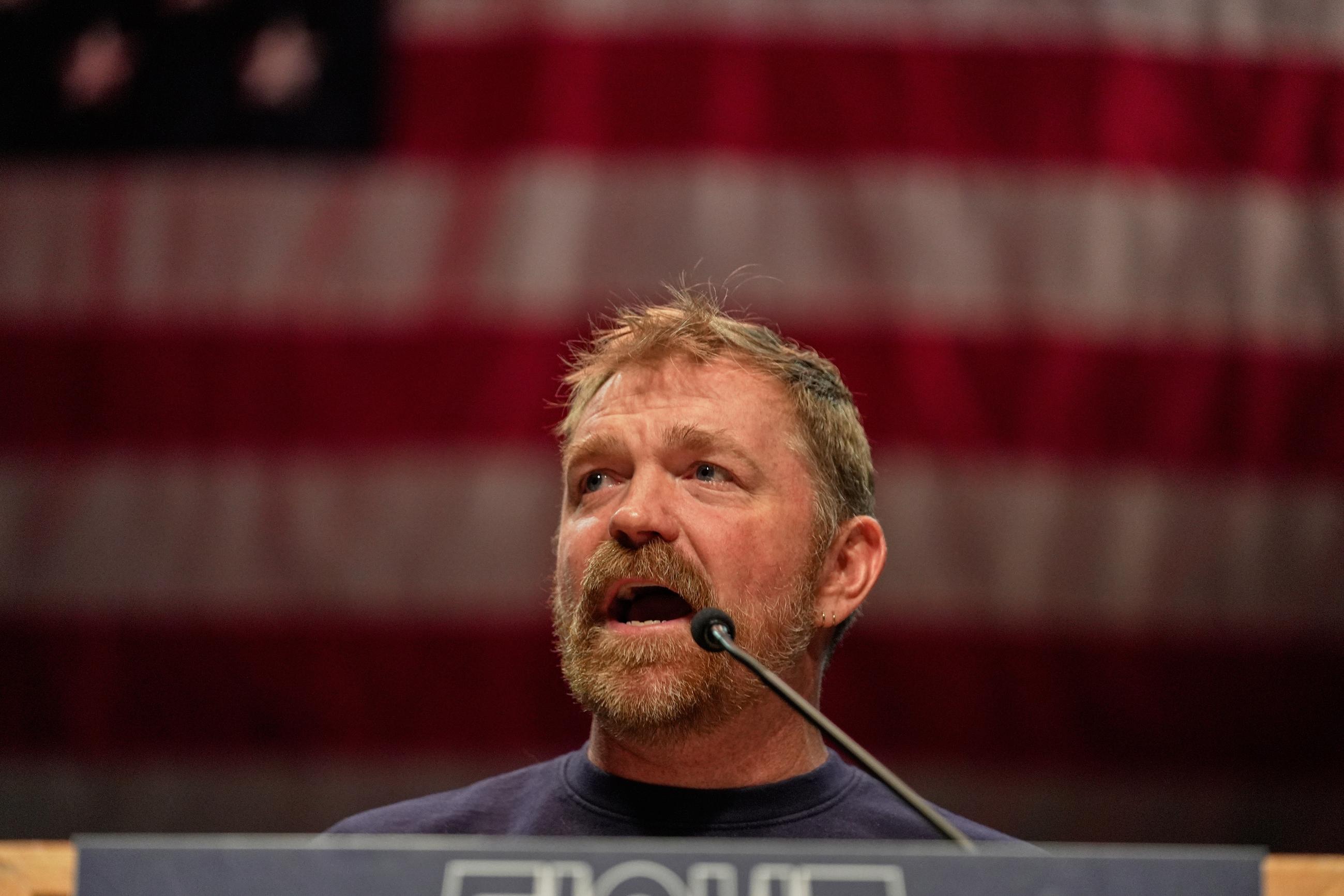 Graham Platner, Democratic candidate for U.S. Senate, speaks at an event hosted by Sen. Bernie Sanders in Orono, Maine, on May 24. (AP Photo/Robert F. Bukaty)