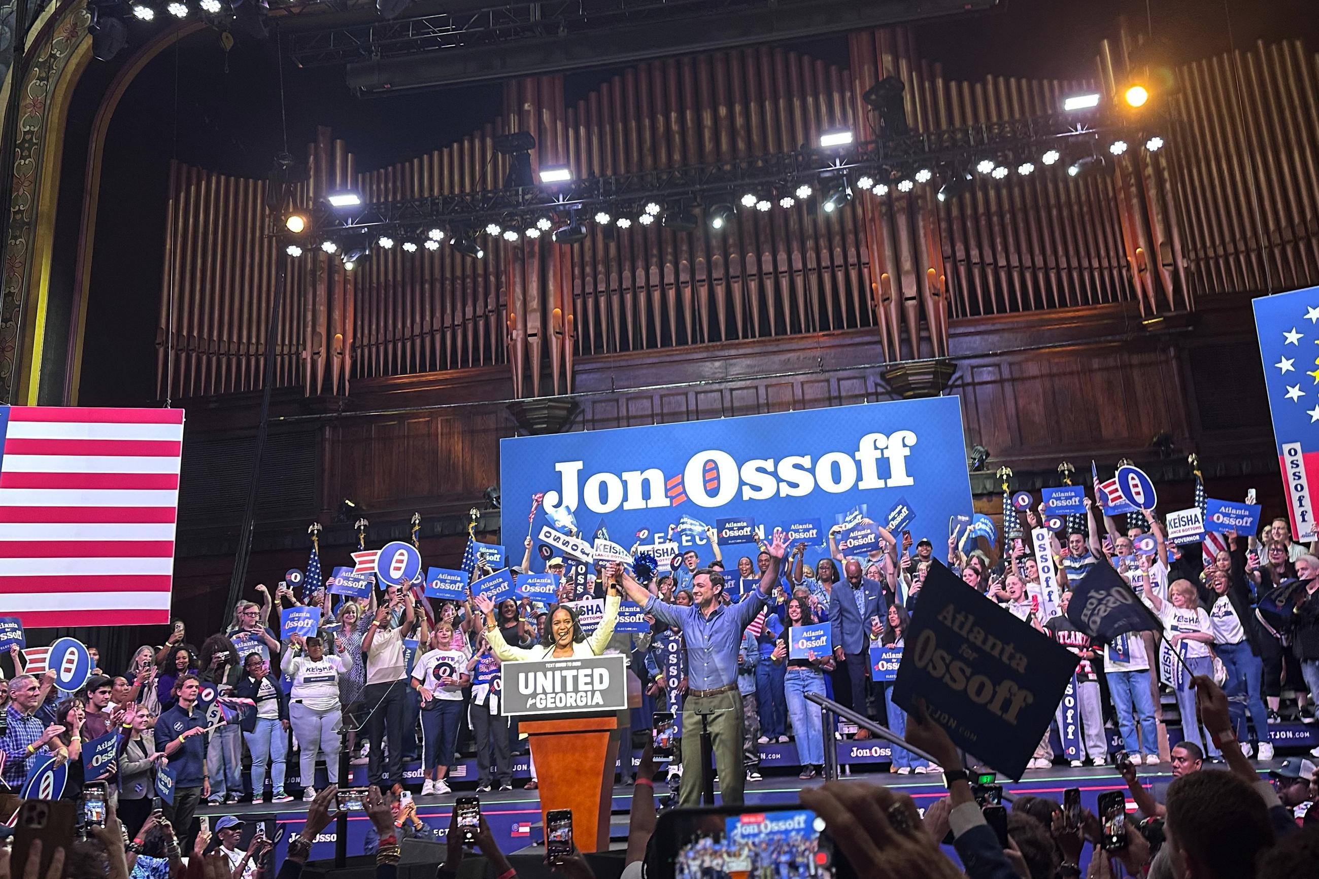 Democratic Sen. Jon Ossoff of Georgia and gubernatorial nominee Keisha Lance Bottom share the stage at a joint campaign rally in Atlanta on Sunday, May 30, 2026. (AP Photo/Bill Barrow)