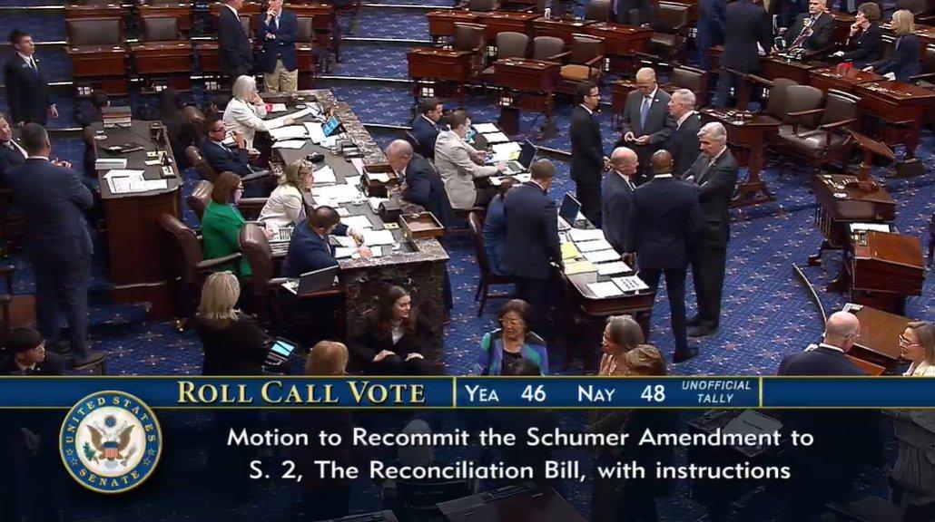 Senators meet on the floor on Thursday morning during a vote on a motion to recommit.
