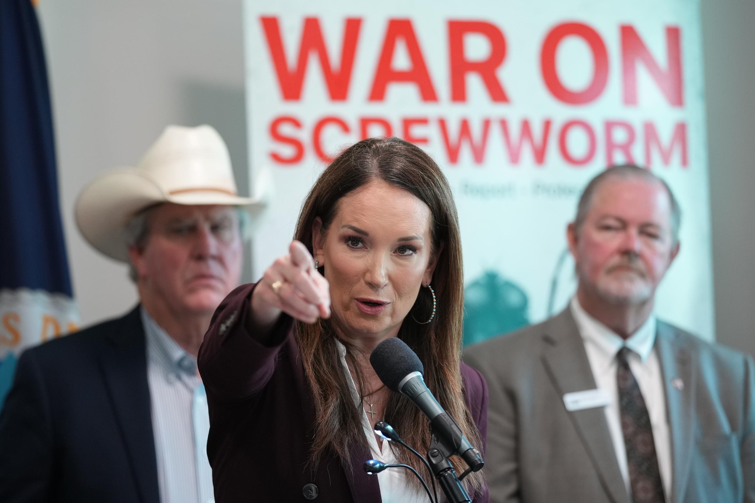 Agriculture Secretary Brooke Rollins at a news conference with ranchers, researchers, and officials at the Knipling-Bushland U.S. Livestock Insects Research Laboratory in Kerrville, Texas, on Monday. (AP Photo/Eric Gay)