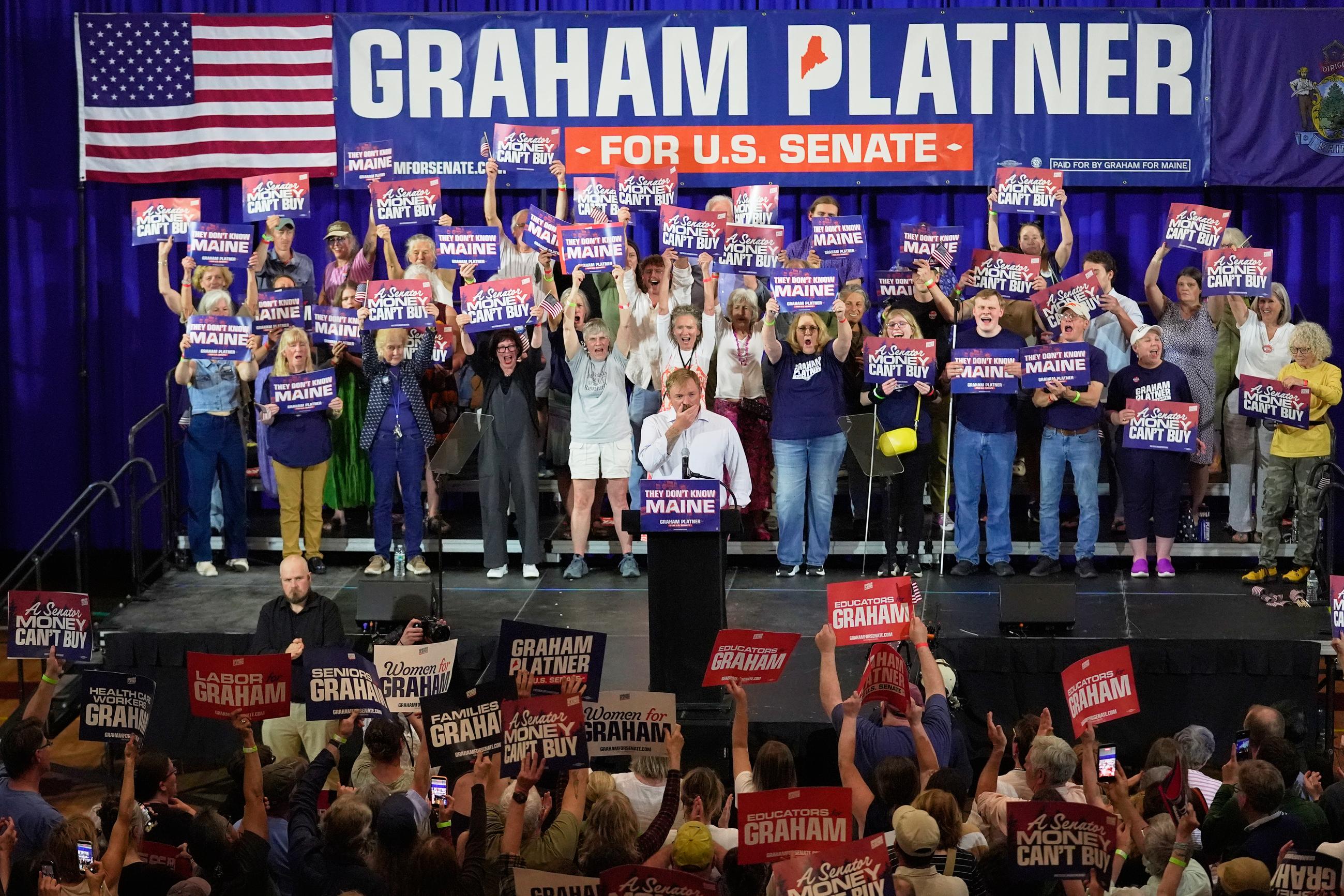 Democratic U.S. Senate candidate Graham Platner stands on stage during a primary election night watch party after winning the Democratic nomination Tuesday, June 9, 2026, in Blue Hill, Maine. (AP Photo/Robert F. Bukaty)