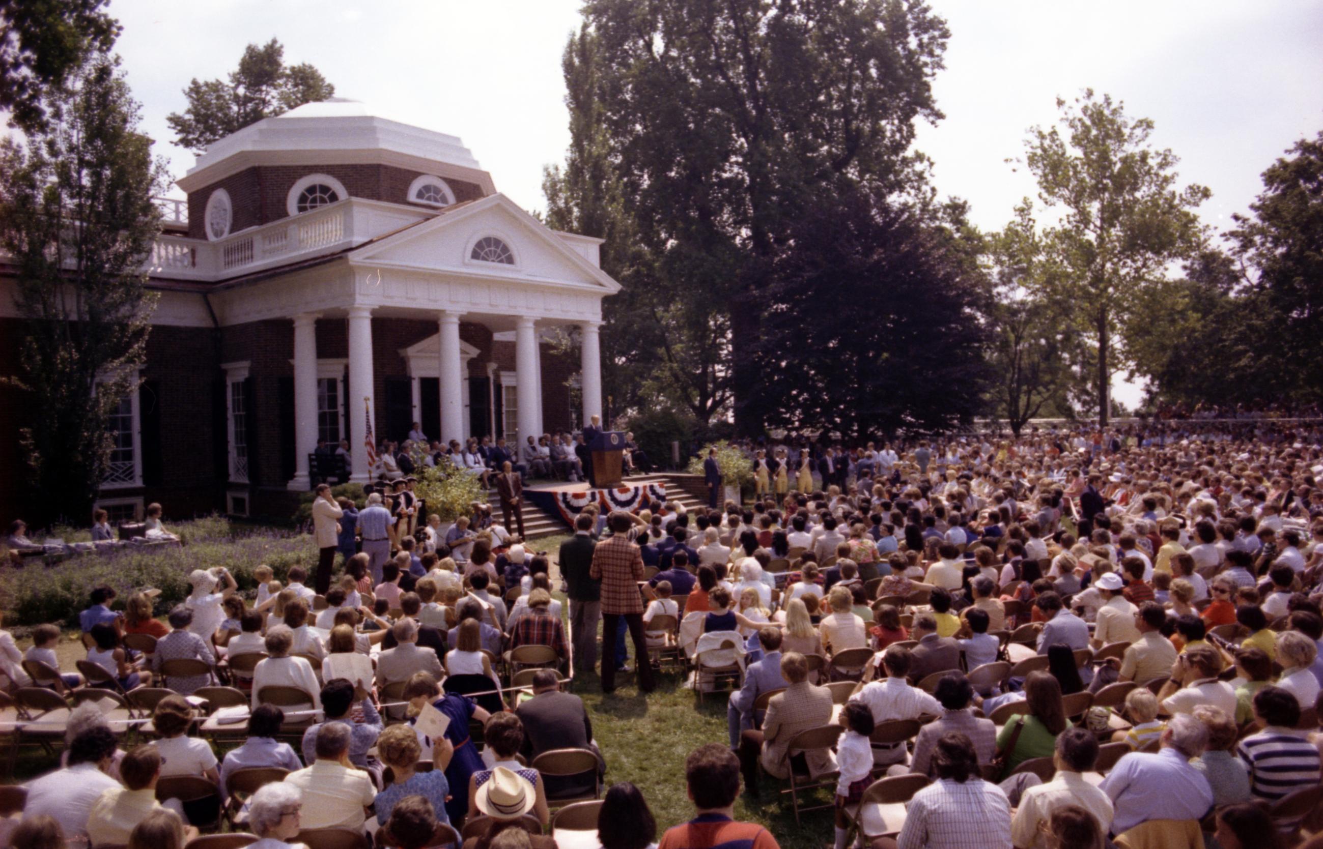 President Ford presides over a naturalization ceremony in Charlottesville, Virginia, on July 5, 1976, as part of America's Bicentennial celebrations.