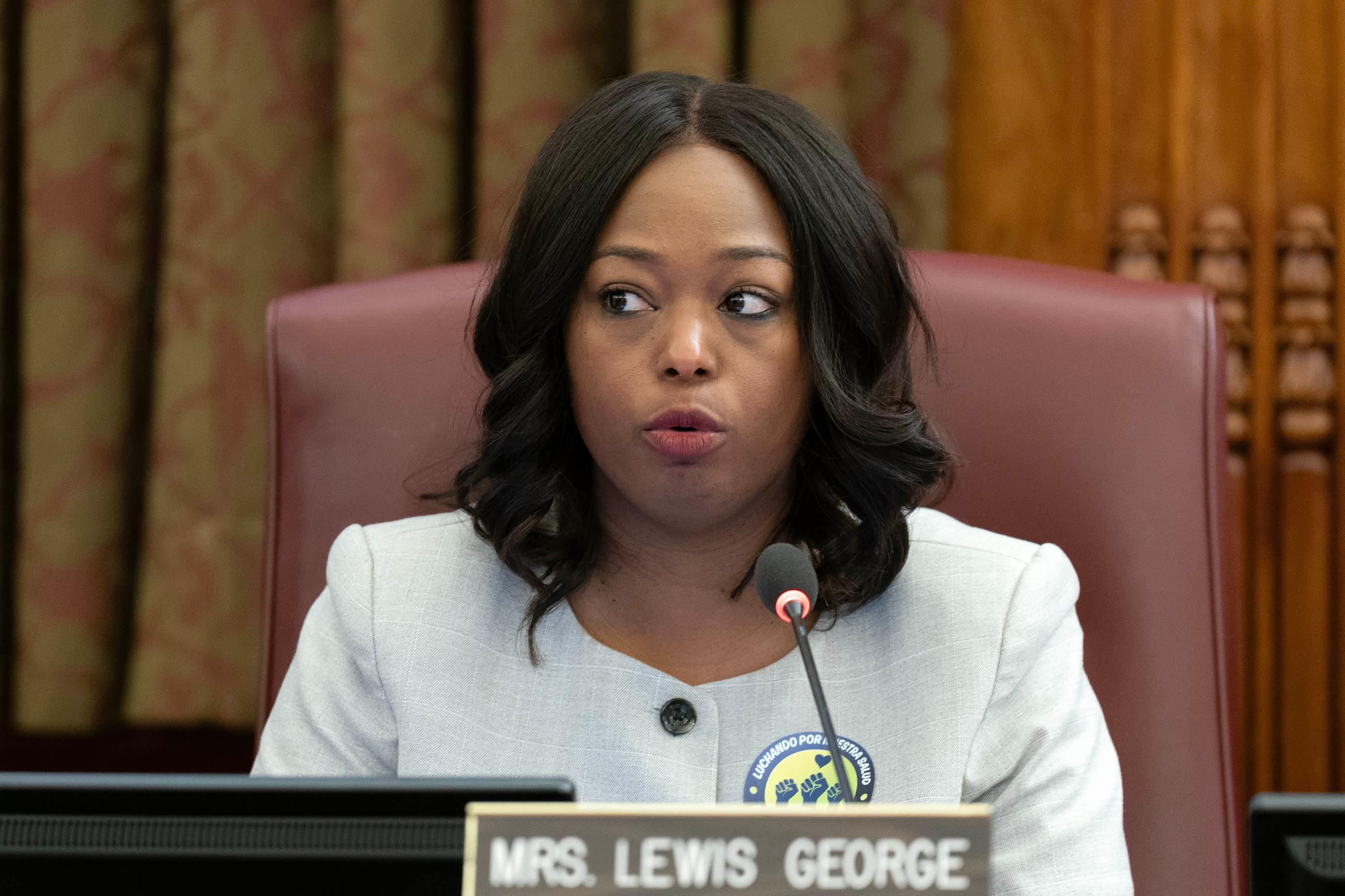 The D.C. Council members Janeese Lewis George, speaks during the D.C. Council hearing on the Fiscal Year 2027 budget at the Wilson Building, City Hall, Tuesday, June 9, 2026, in Washington. (AP Photo/Jose Luis Magana)