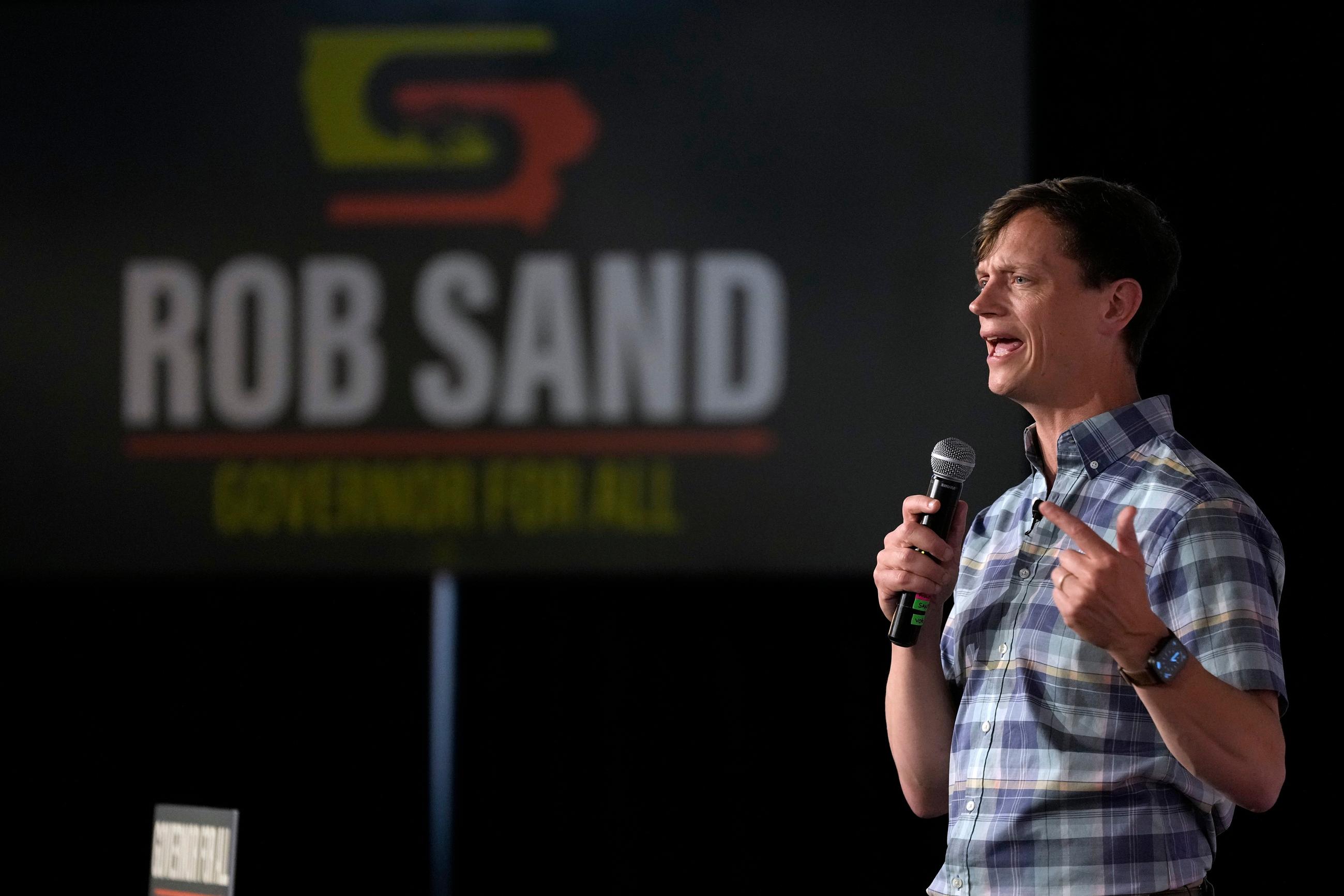 Iowa Democratic gubernatorial candidate Rob Sand speaks during a campaign rally in Des Moines on June 7.
