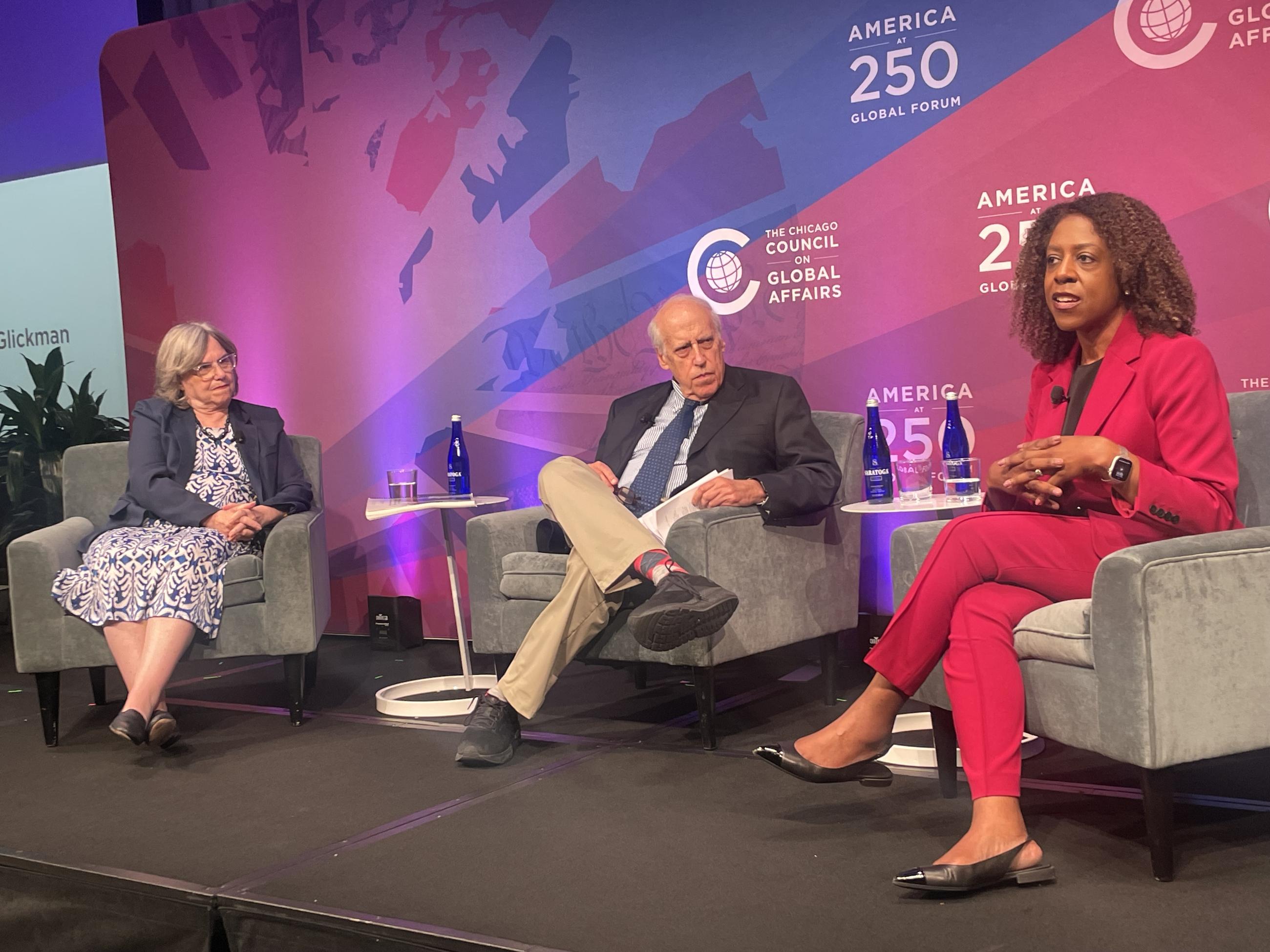Former UN World Food Programme executive director Catherine Bertini, former Agriculture Secretary Dan Glickman, and Mercy Corps CEO Tjada McKenna at the Chicago Council on Global Affairs America at 250 Forum on Thursday