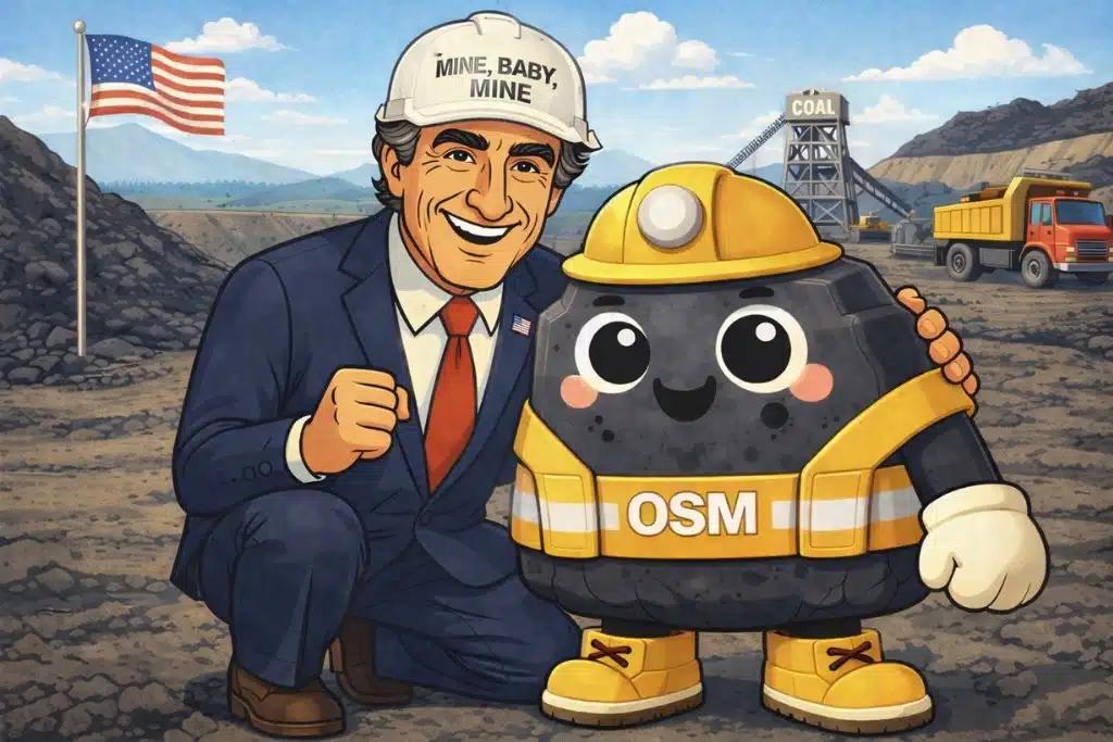 In an image originally posted to social media, a cartoon version of Interior Secretary Doug Burgum poses with a coal mascot, "Coalie."