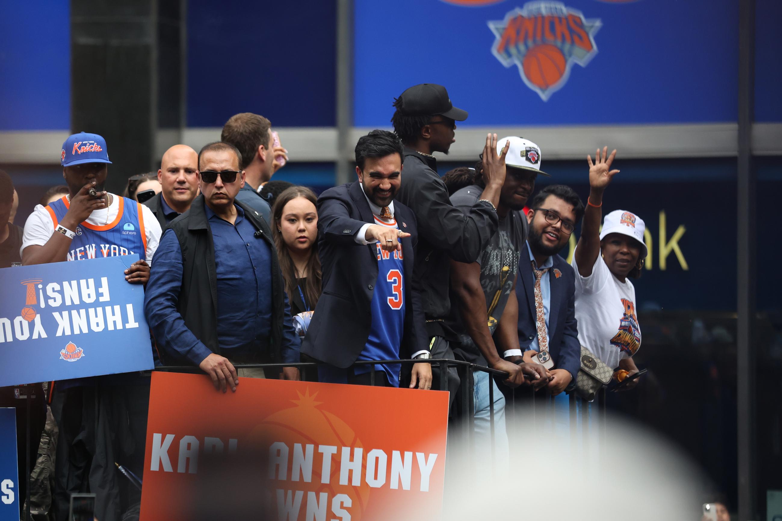 Mayor Zohran Mamdani motions during the New York Knicks' NBA championship parade Thursday, June 18, 2026, in New York. (AP Photo/Heather Khalifa)