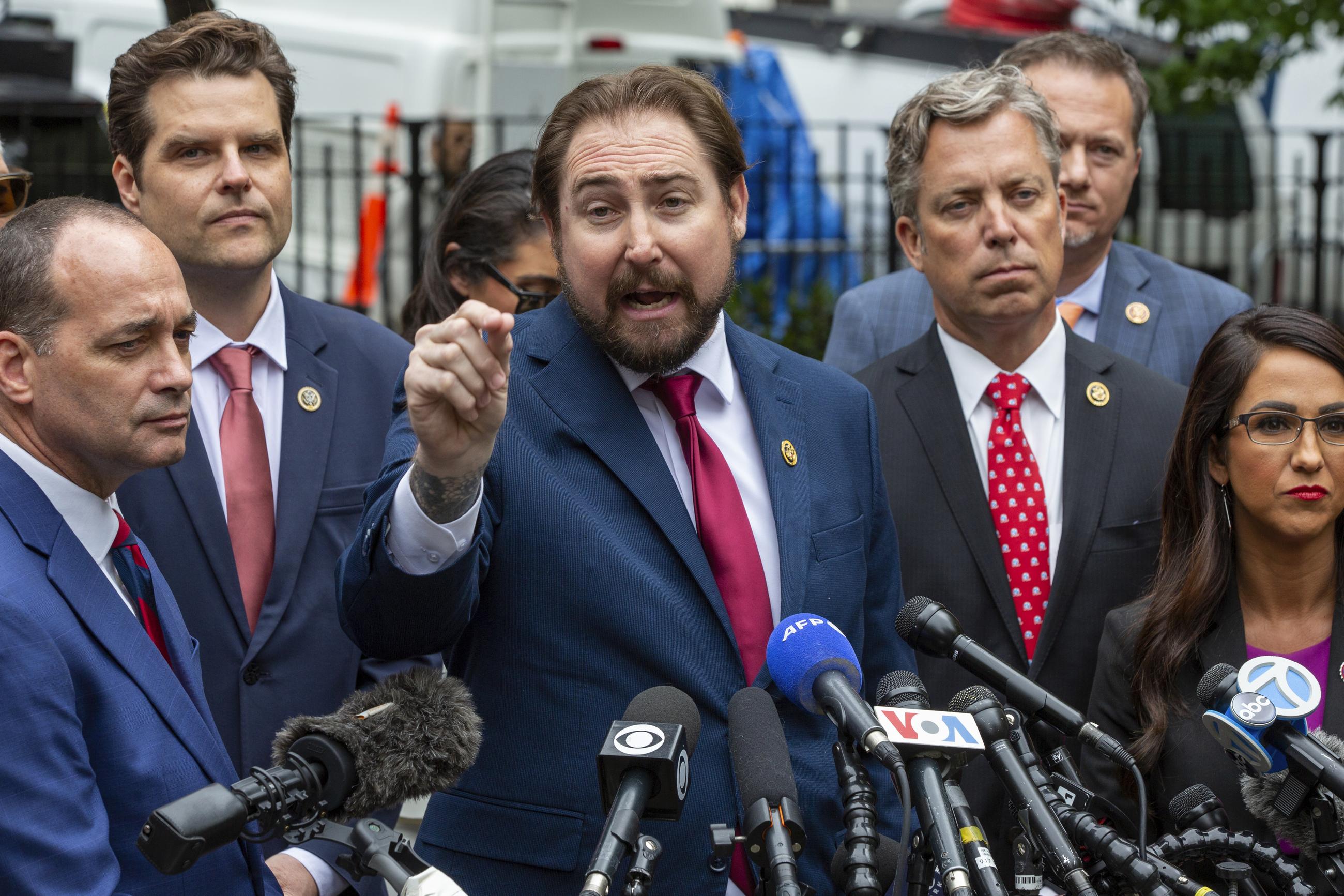 Rep. Eli Crane, R-Ariz., speaks outside the hush money criminal case of former president Donald Trump in New York on Thursday, May 16, 2024. (AP Photo/Ted Shaffrey)