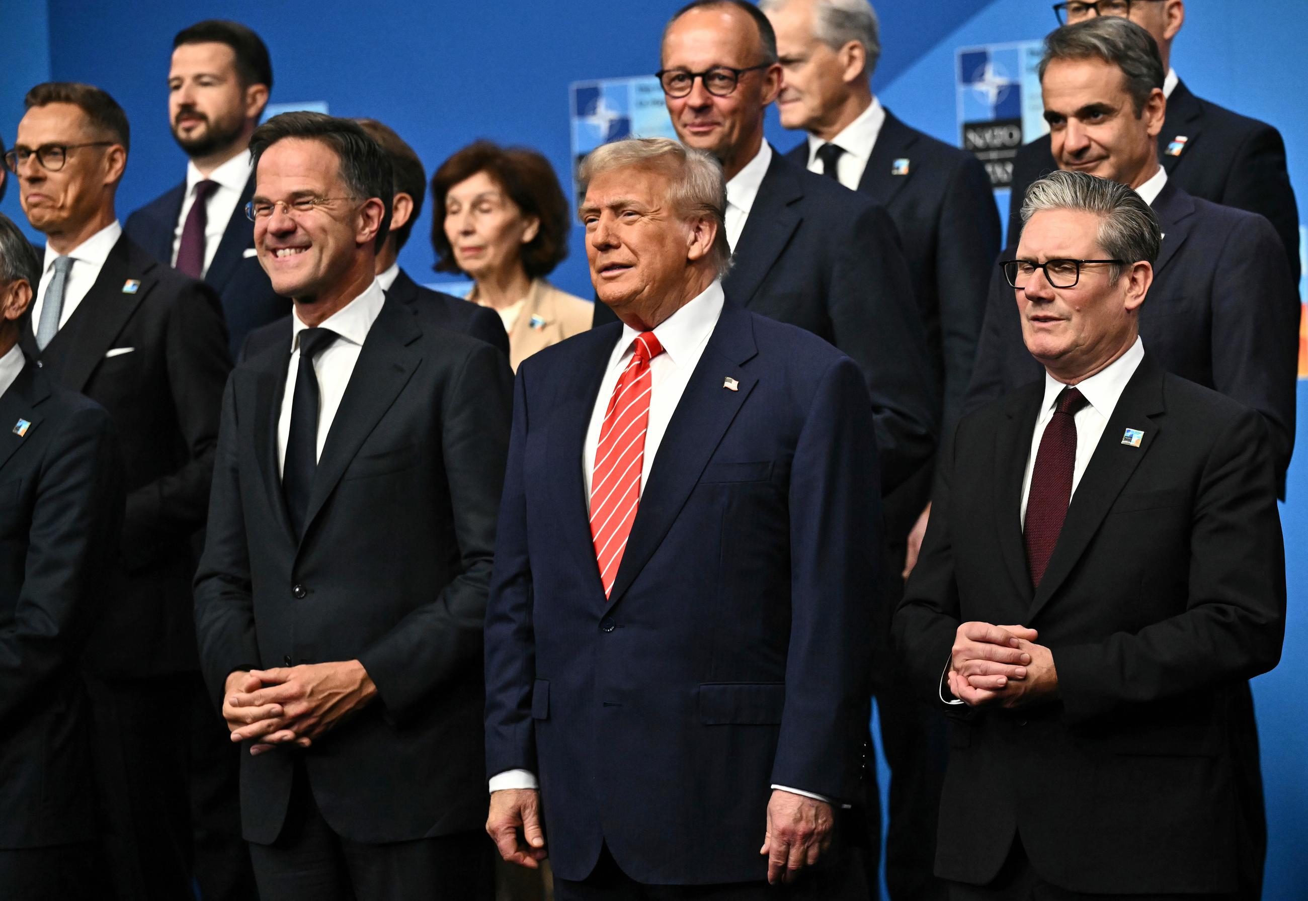 NATO Secretary General Mark Rutte, President Trump, and British Prime Minister Keir Starmer pose with country leaders during the NATO summit in The Hague, Netherlands, in June 2025. (Ben Stansall/Pool Photo via AP)
