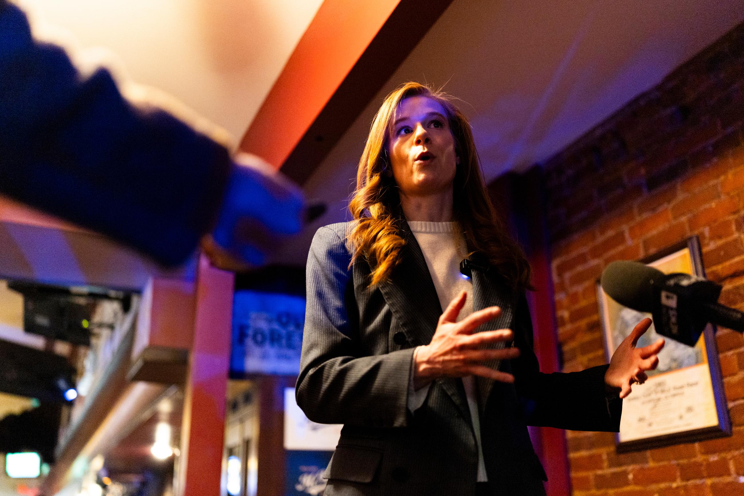Michigan State Sen. Mallory McMorrow, a candidate for the U.S. Senate, during an interview following a campaign event on Thursday, Feb. 5, 2026, at Churchill's Food &amp; Spirits in Flint, Mich. (AP Photo/Emily Elconin)