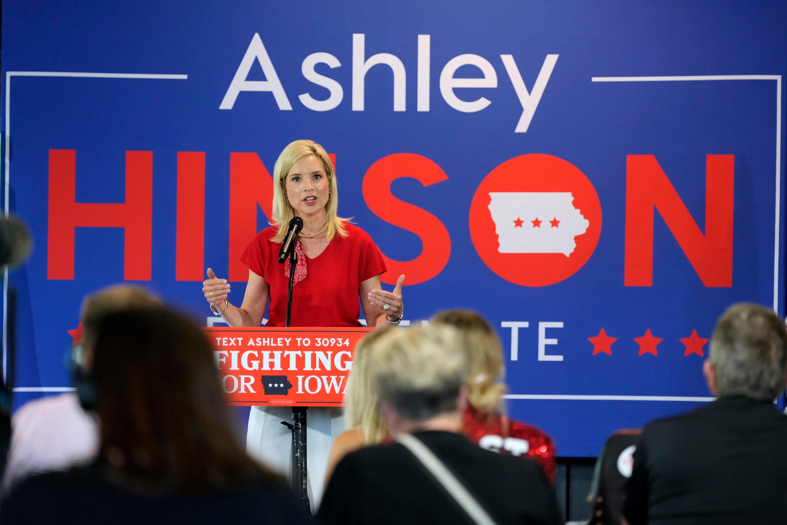 Rep. Ashley Hinson of Iowa speaks during a campaign rally in West Des Moines on May 30. (AP Photo/Charlie Neibergall)