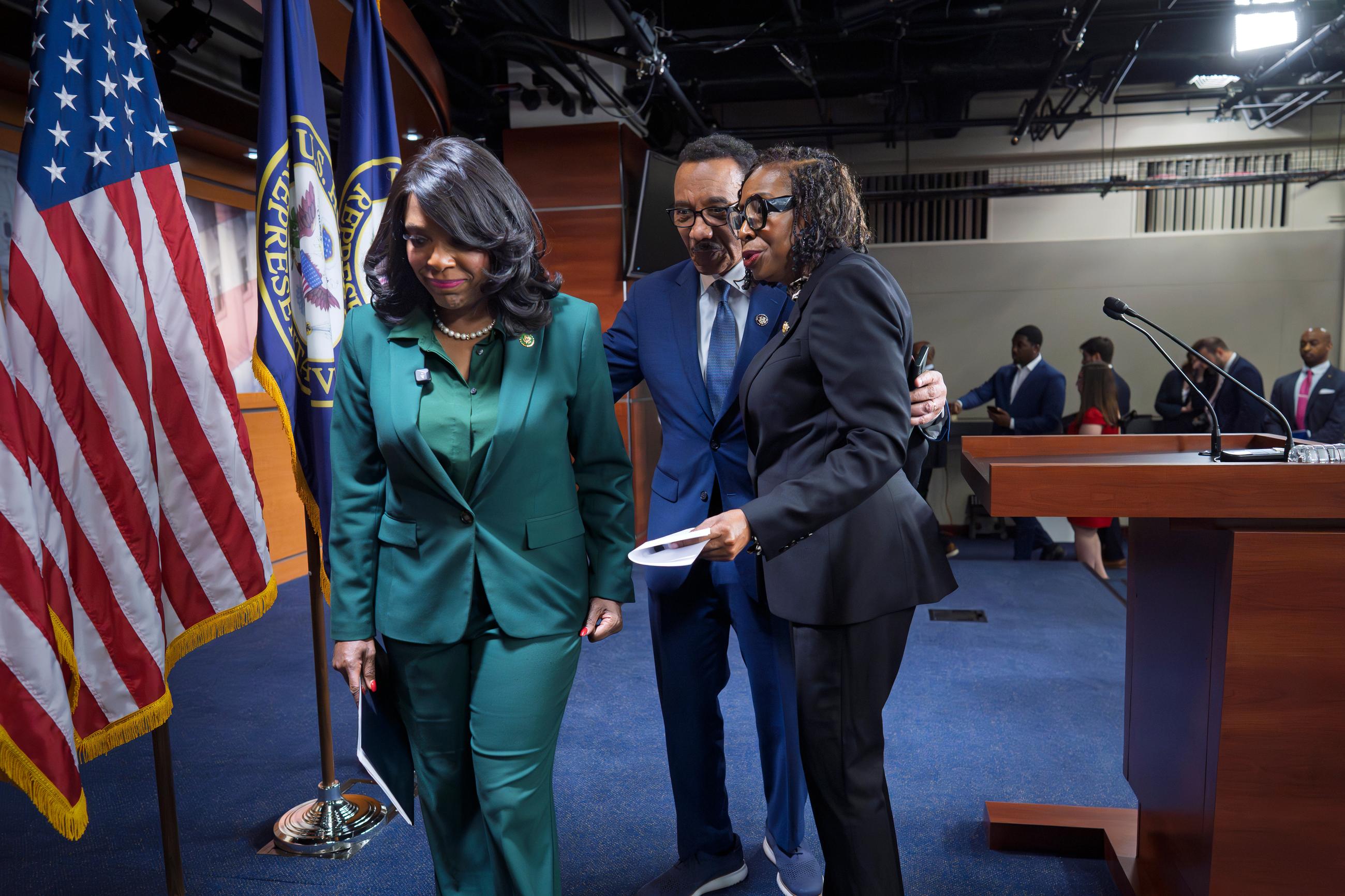 Members of the Congressional Black Caucus—(from left) Reps. Terri Sewell, Kweisi Mfume, and Yvette Clarke, the caucus chair—finish a news conference after the Supreme Court ruling to strike down a majority Black congressional district in Louisiana on April 29. (AP Photo/J. Scott Applewhite, File)