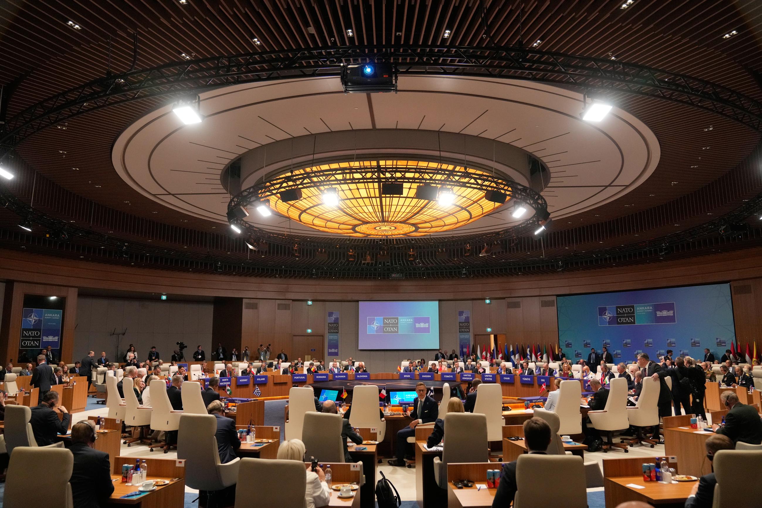 A general view of the roundtable meeting of the North Atlantic Council during the NATO summit in Ankara, Turkey, on Wednesday (AP Photo/Hussein Malla)