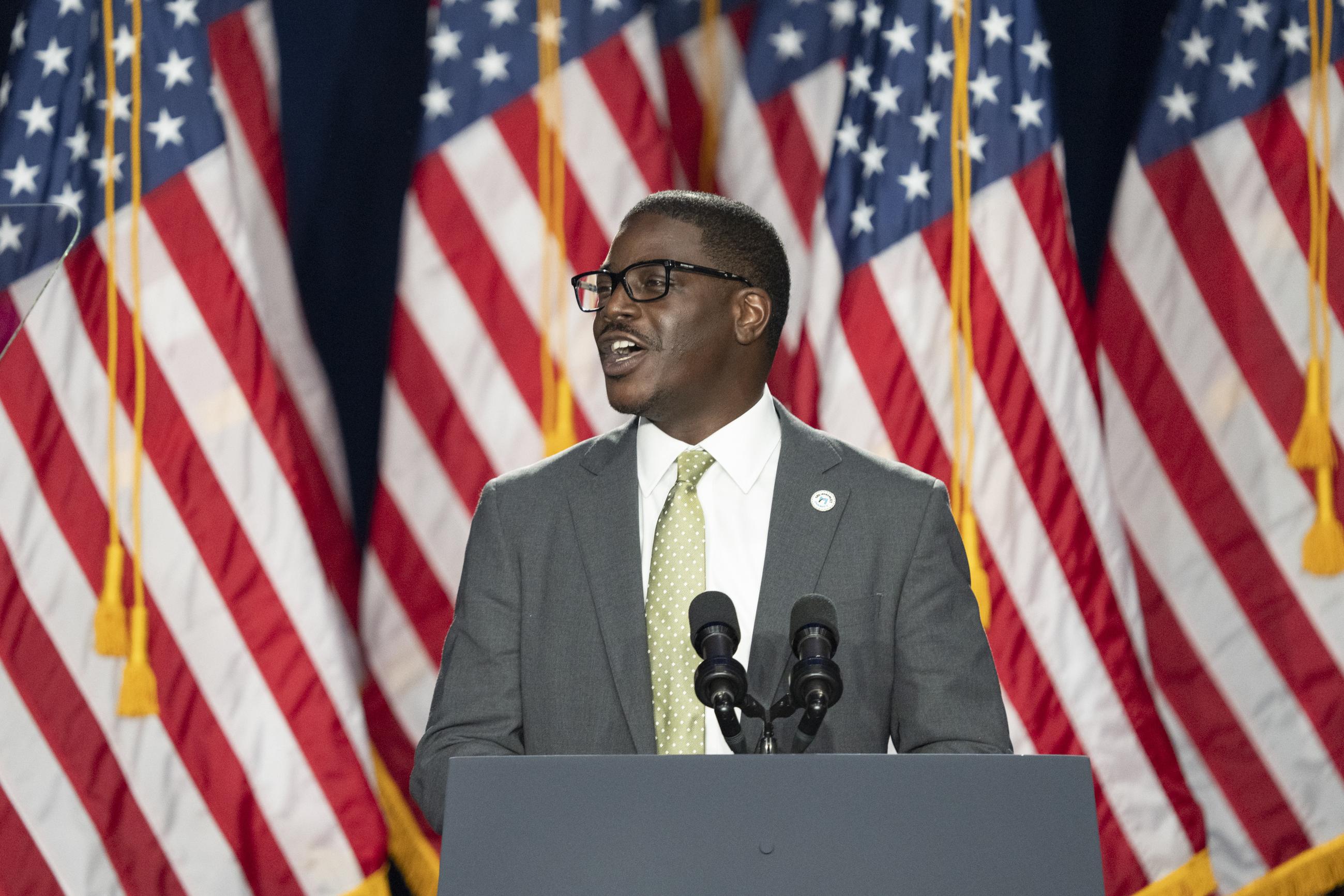 Milwaukee County Executive David Crowley speaks during a campaign event for Vice President Kamala Harris at West Allis Central High School on Tuesday, July 23, 2024, in West Allis, Wis. (AP Photo/Kayla Wolf)
