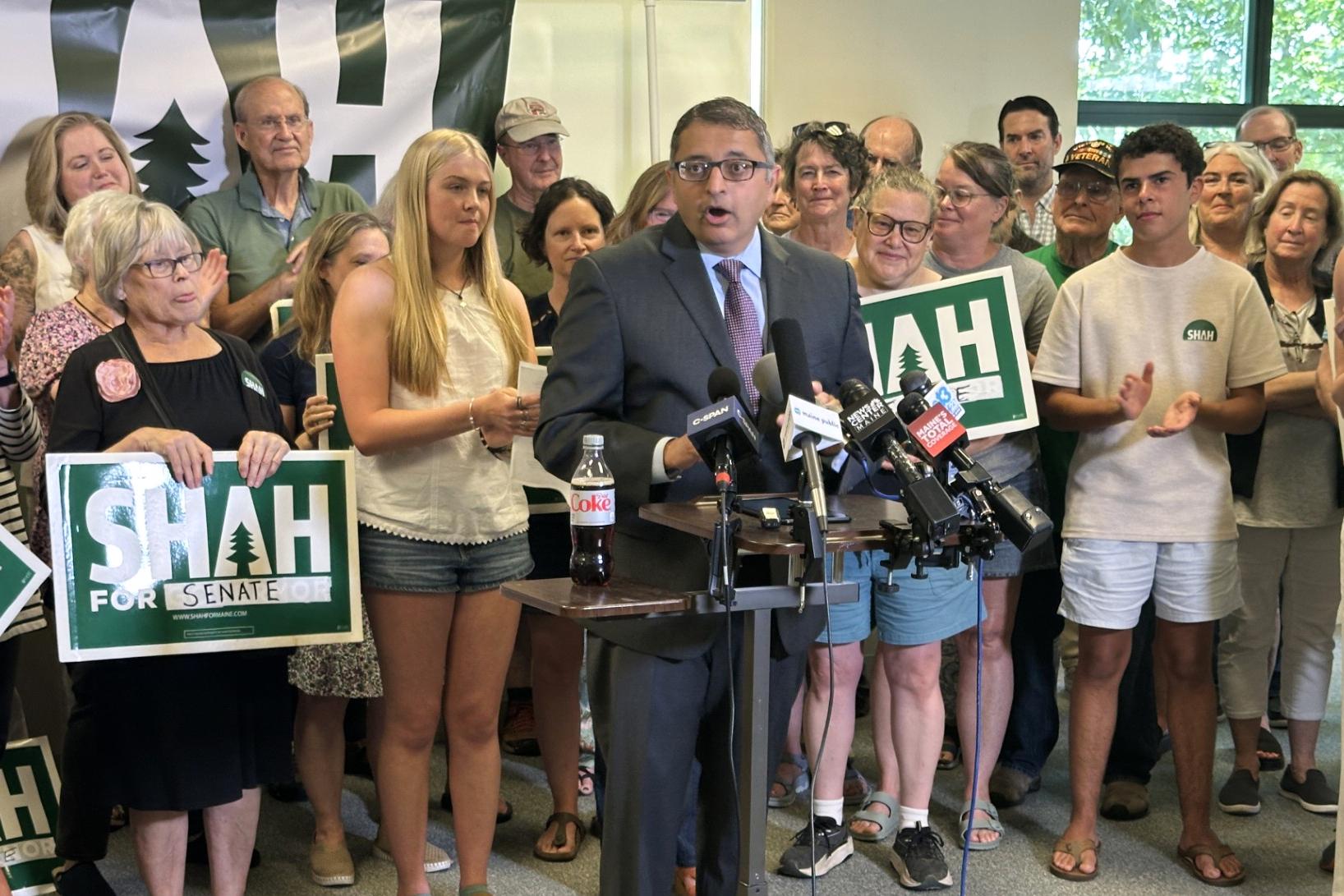 Maine Senate candidate Nirav Shah speaks in Freeport, Maine, Thursday, July 9, 2026. (AP Photo/Patrick Whittle)