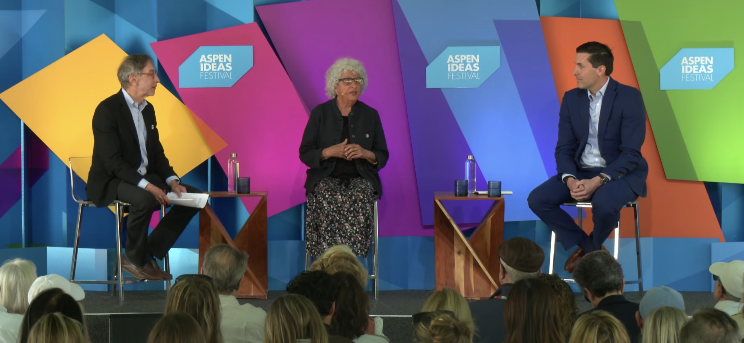 (From left) Corby Kummer, executive director of the food and society program at the Aspen Institute, interviews Marion Nestle, a New York University food-studies professor emerita, and Calley Means, a nutrition adviser to President Trump and Health and Human Services Secretary Robert F. Kennedy Jr. at the Aspen Ideas Festival on June 30.