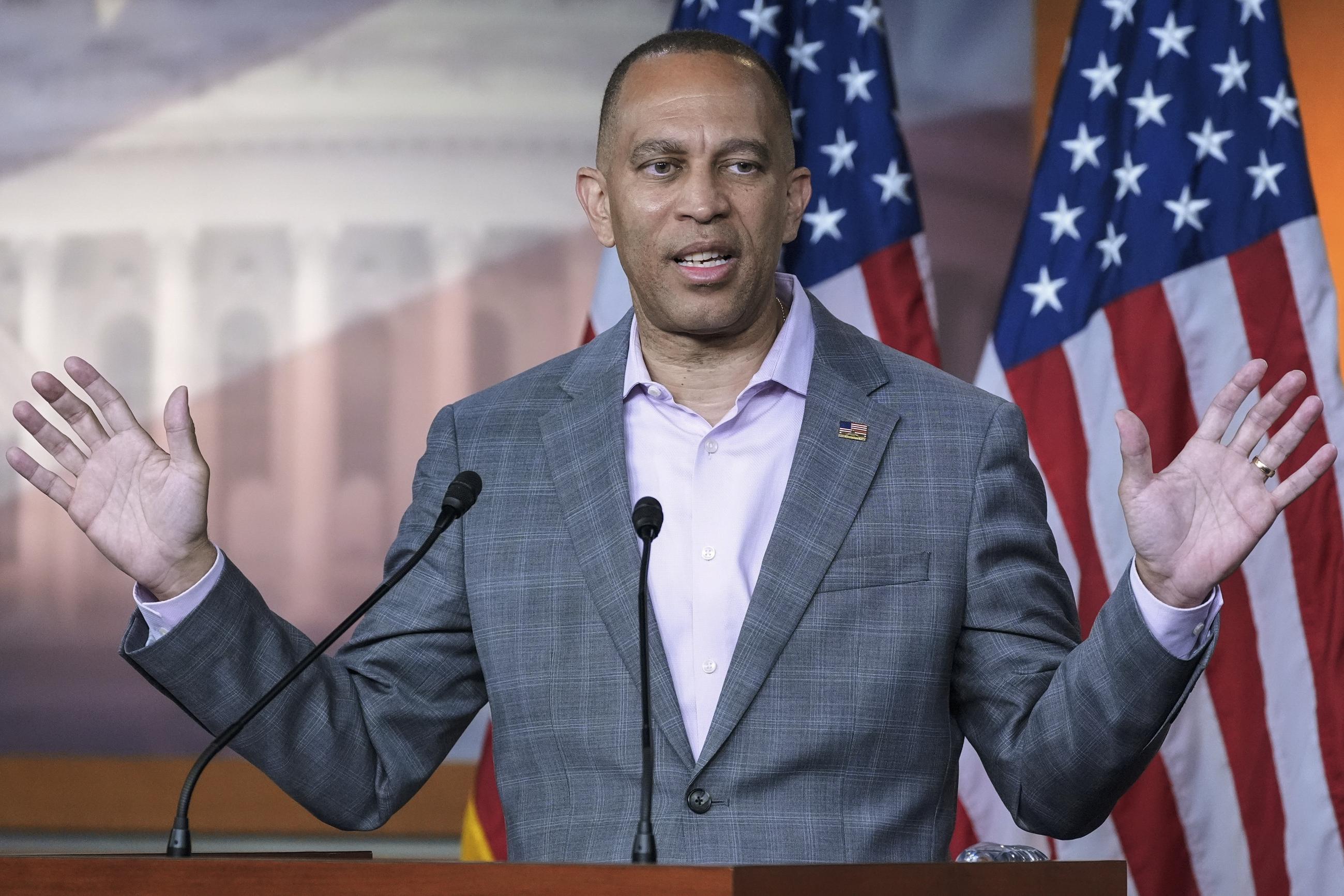 House Minority Leader Hakeem Jeffries, D-N.Y., speaks during a news conference on Capitol Hill, Thursday, June 11, 2026, in Washington. (AP Photo/Mariam Zuhaib)