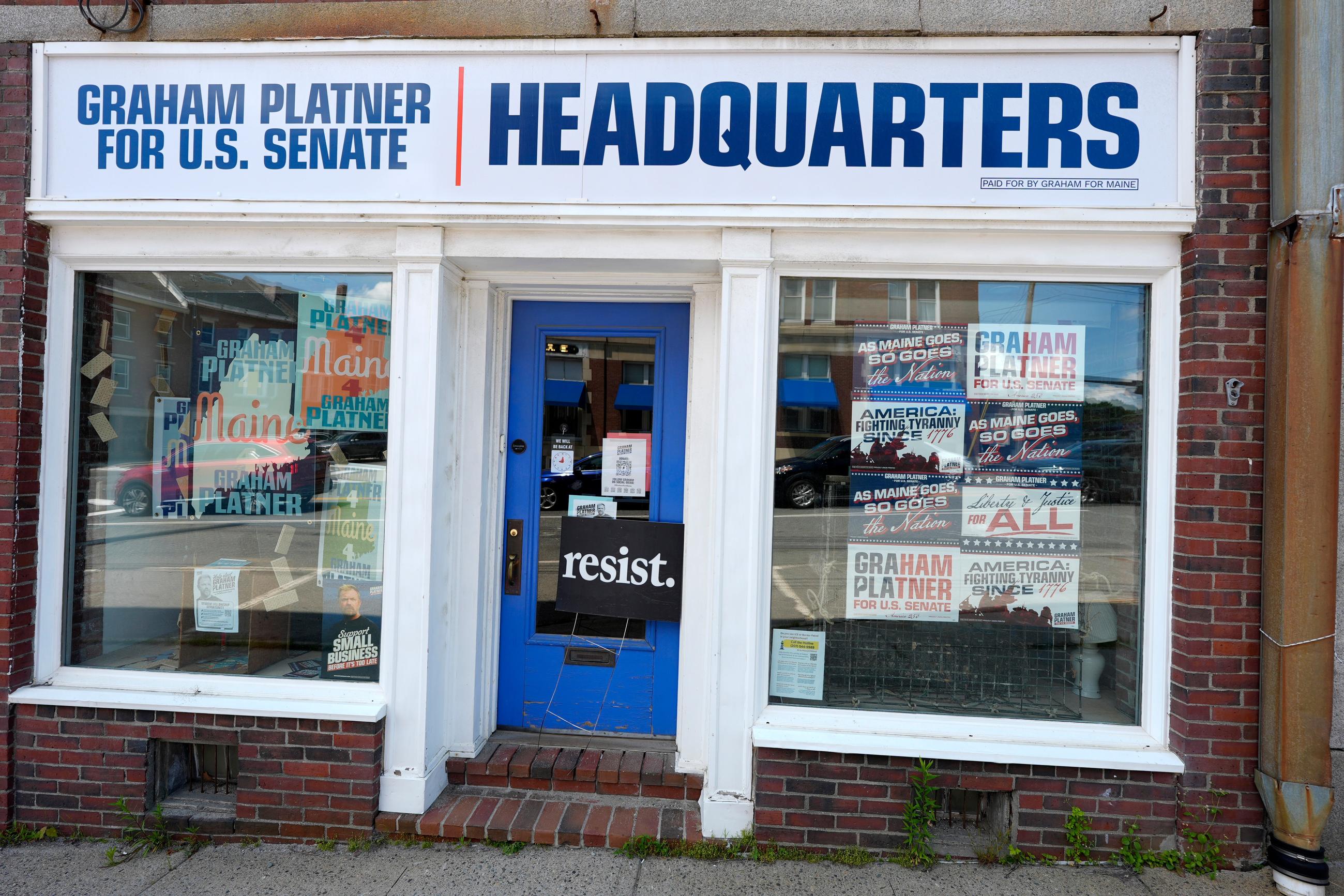 The headquarters for former Democratic Senate candidate Graham Platner is seen in Ellsworth, Maine, on July 9. (AP Photo/Robert F. Bukaty)