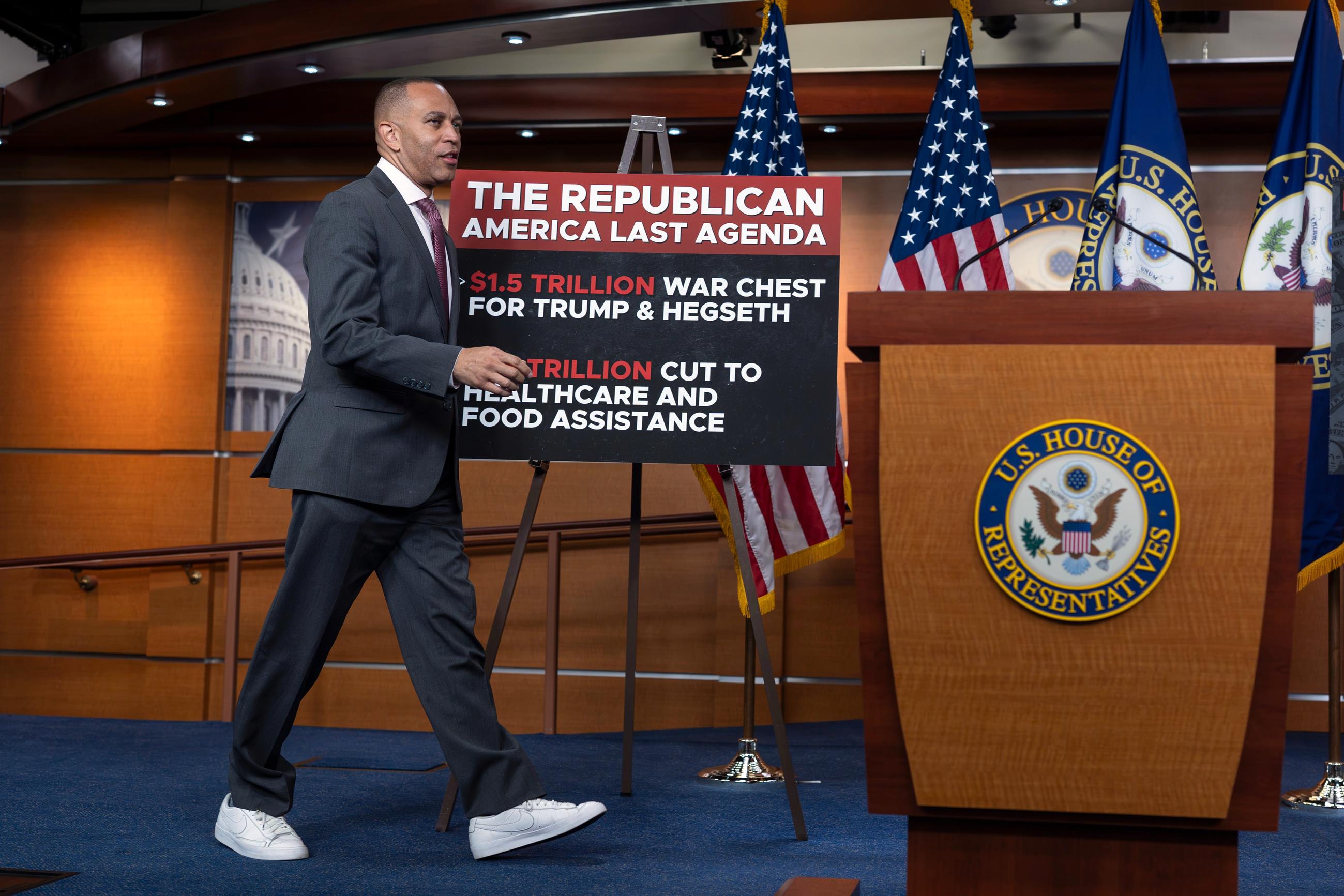 House Minority Leader Hakeem Jeffries arrives to speak to reporters at the Capitol ahead of an address by President Trump on Thursday. (AP Photo/J. Scott Applewhite)