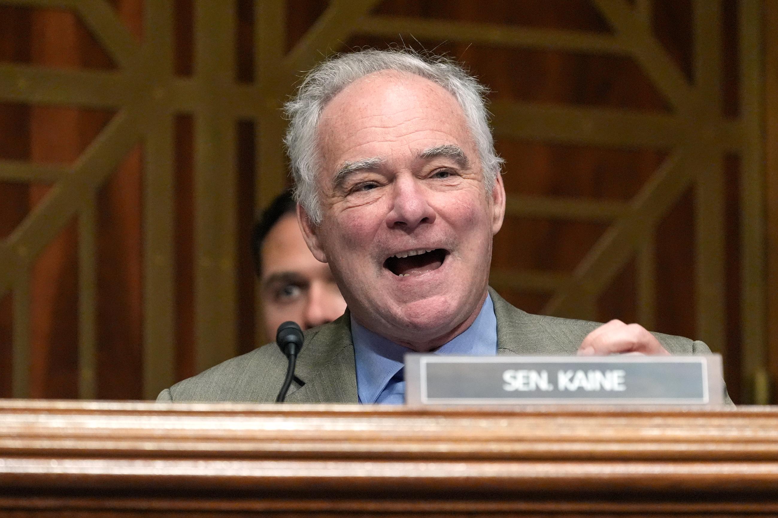 Sen. Tim Kaine asks a question during the Senate HELP Committee confirmation hearing on Wednesday. (AP Photo/Mariam Zuhaib)