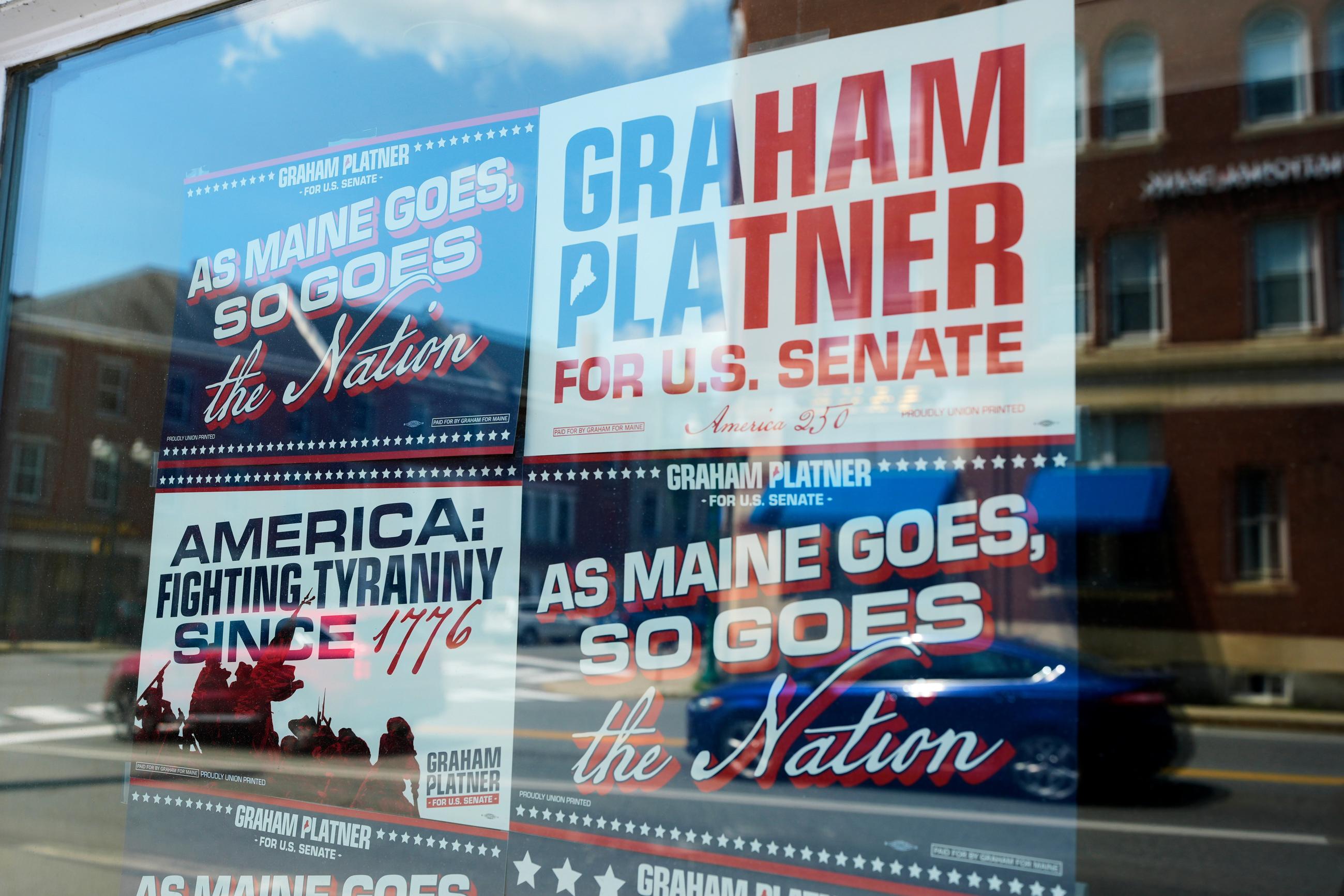 Campaign signs for former Democratic Senate candidate for Graham Platner at his headquarters in Ellsworth, Maine, on July 9 (AP Photo/Robert F. Bukaty)